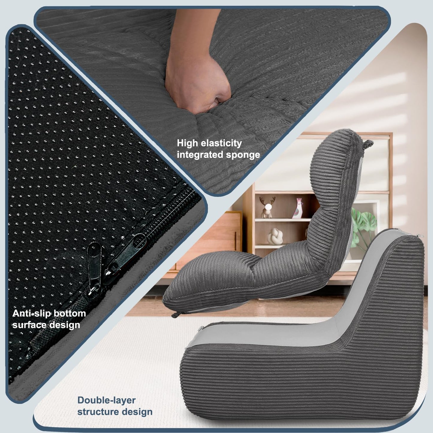 Vonesse Bean Bag Chair, Double-Layered Bean Bag Chair for Adults, Comfortable Memory Foam Bean Bag Sofa, Corduroy Bean Bag Couches for Living Room Bedroom (Dark Grey)