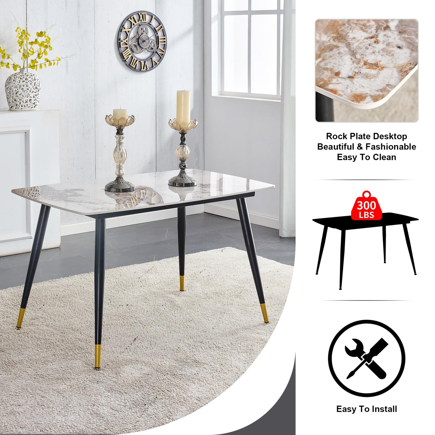 WEKEOT Granite Modern Dining Table Set for 4, 50" Sintered Stone Kitchen Table and 4 Upholstered PU Leather Chair Dining Room Table Set for 4(1Marble Table and Gray Chairs Set of 4)