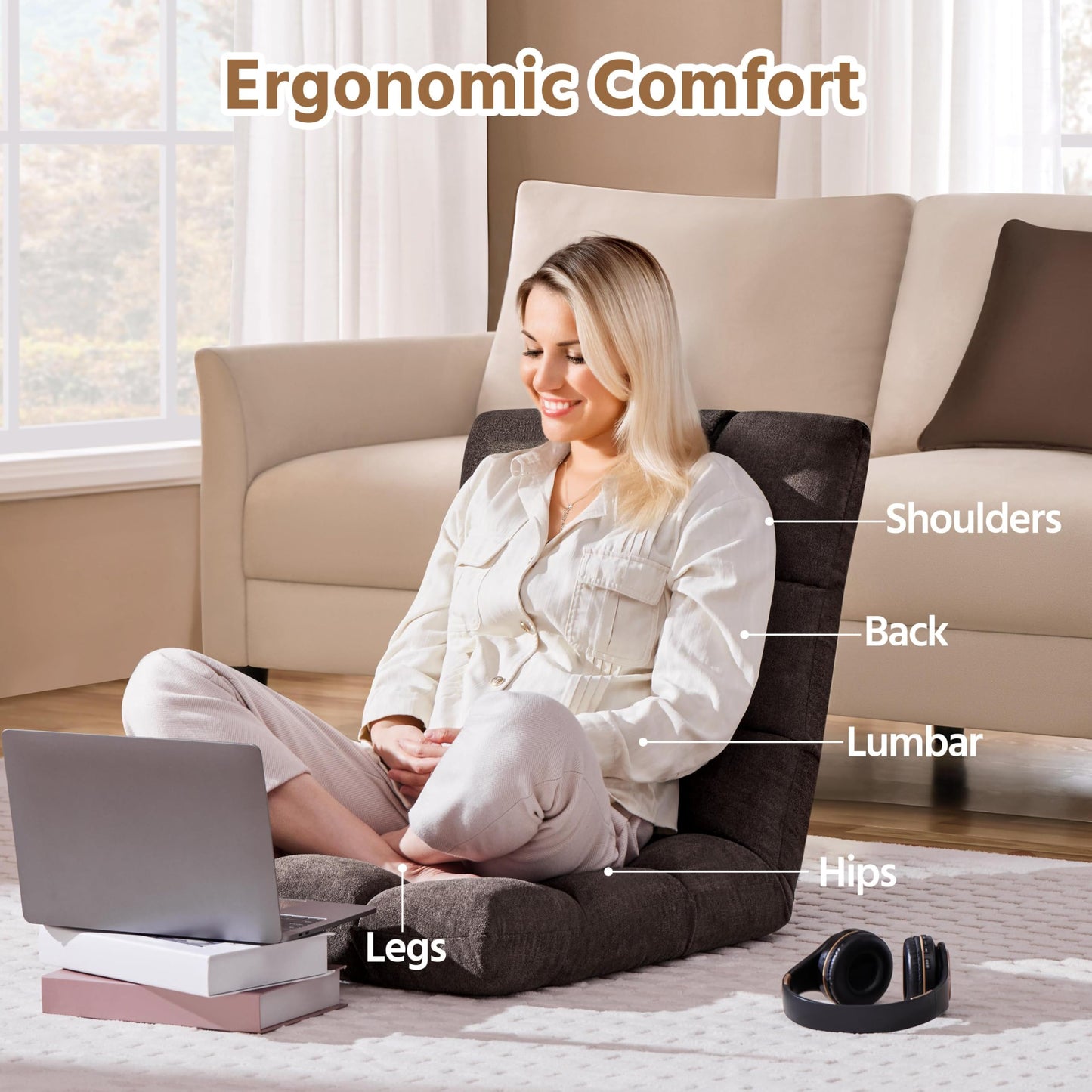 Yaheetech Floor Folding Chair with Back Support, Padded Folding Gaming Sofa Chair with 14 Adjustable Backrest, Adults Couch Recliner, Floor Seating Lounge Chair, Armless Meditation Chair, Brown