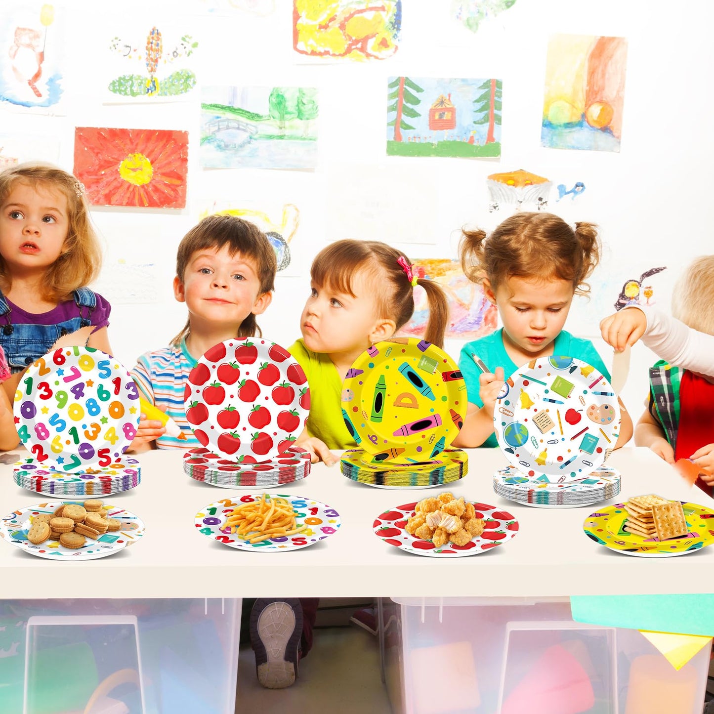 60Pcs Back to School Paper Plates School Theme Apple Number Book Pencil Crayons Disposable Tableware for First and Last Day of School Preschool Kindergarten Graduation Party Supplies Table Decorations