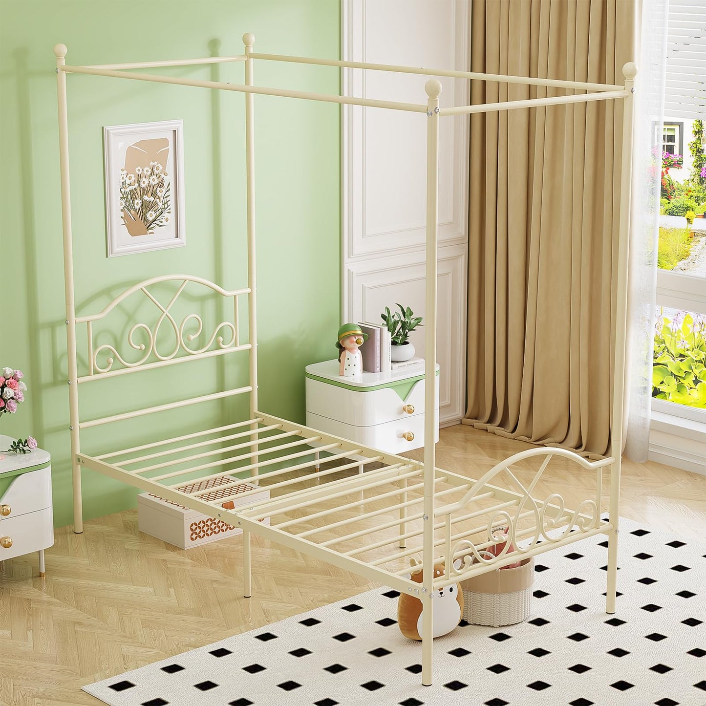 Weehom Princess Canopy Bed Frame with 4 Posters, Sturdy Metal Platform with Headboard&Footboard No Box Spring Needed Twin Size Bed for Kids Girls Adults,Beige White