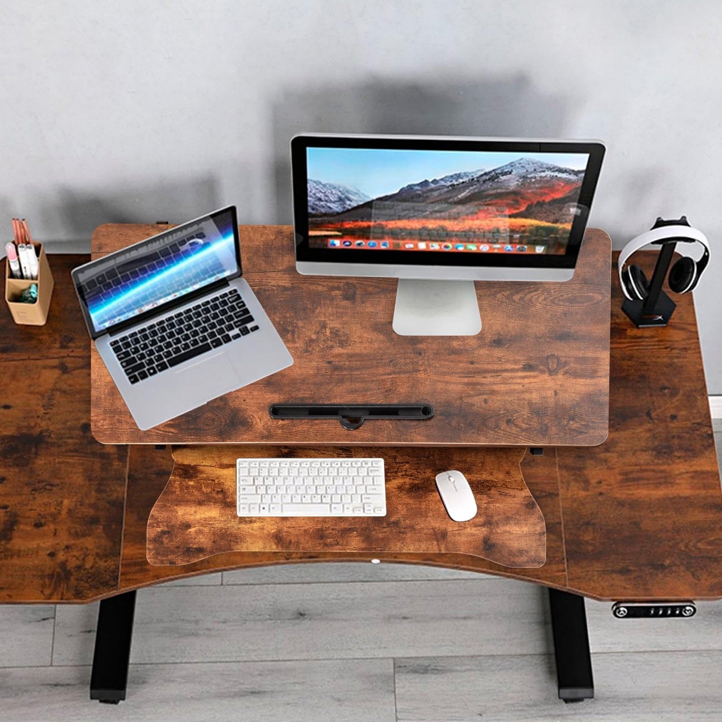 37 Inch Standing Desk Converter - Manual Pneumatic Spring, Two Monitor Stable Standing Desk Converter, 5.9"to18.8"Height Adjustable Laptop Workstation With Keyboard Tray For Home, Company(Tiger Brown)