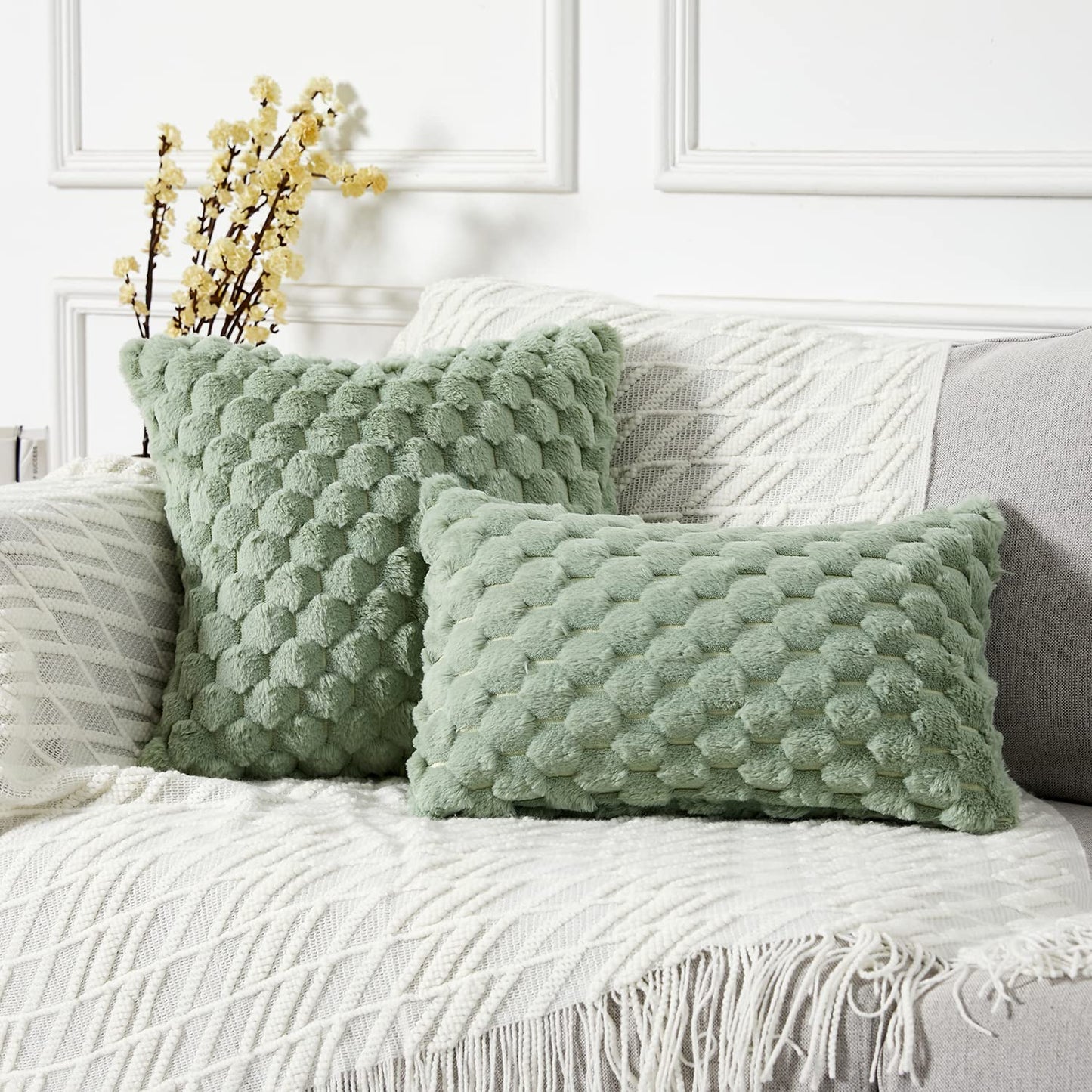 Yaertun Pack of 2 Super Soft Cozy Decorative Throw Pillow Covers Fuzzy Plush Faux Fur Luxury Cushion Cover Pillowcase for Sofa Couch Bed Livingroom 16x16 Inch Sage Green