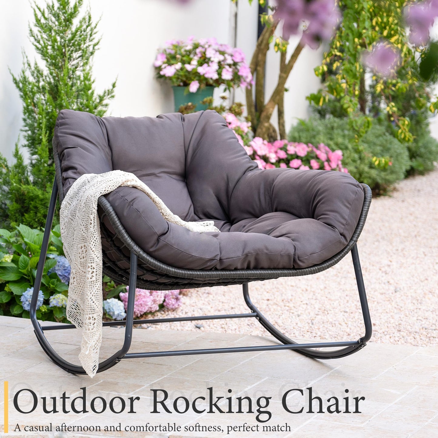 Yechen Outdoor Indoor Papasan Rocking Chair, Wicker Cozy Chair with Cushion, Oversized Outdoor Patio Reading Chair, Egg Chairs for Bedroom/Living Room/Porch/Garden/Lawn, Charcoal Grey