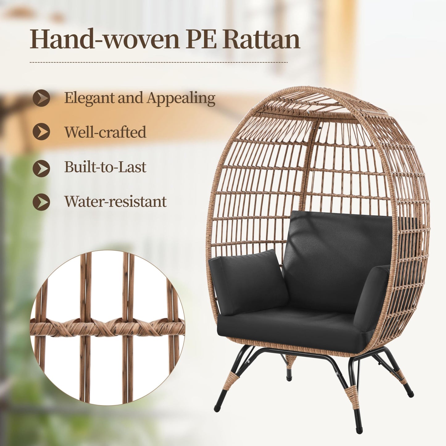 Yaheetech Egg Rattan Chair, Oversized Indoor/Outdoor Egg-Shaped PE Basket Lounger with 4 Cushions, Metal Frame Stand for Patio, Balcony, Backyard, Living Room, Light Brown/Black