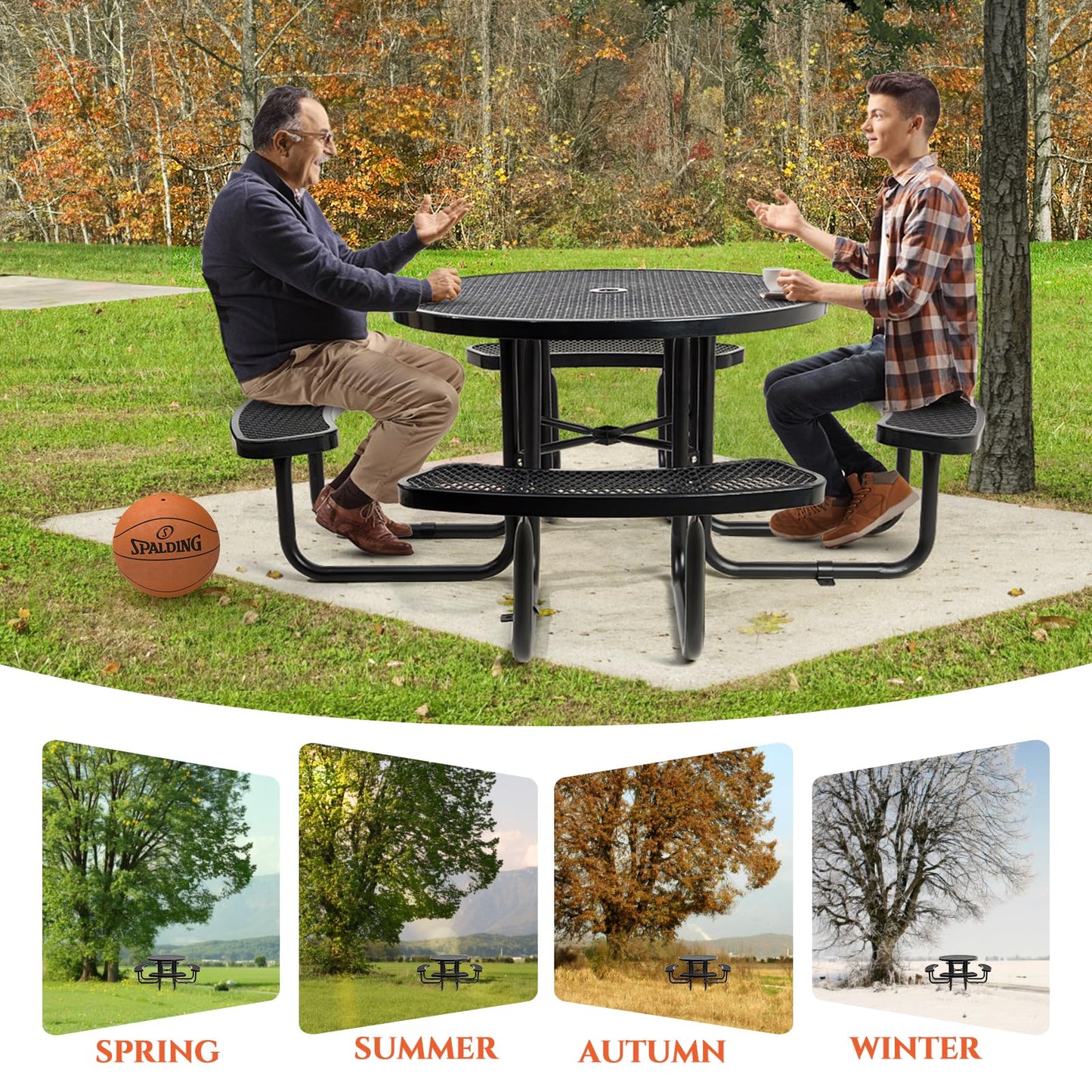 46" Round Top Outdoor Picnic Table Set for Up to 8 Persons, Outside Table Set with 4 Built-in Benches, Metal Commercial-Grade Dining Furniture with Umbrella Hole for Garden, Backyard, Porch, Patio