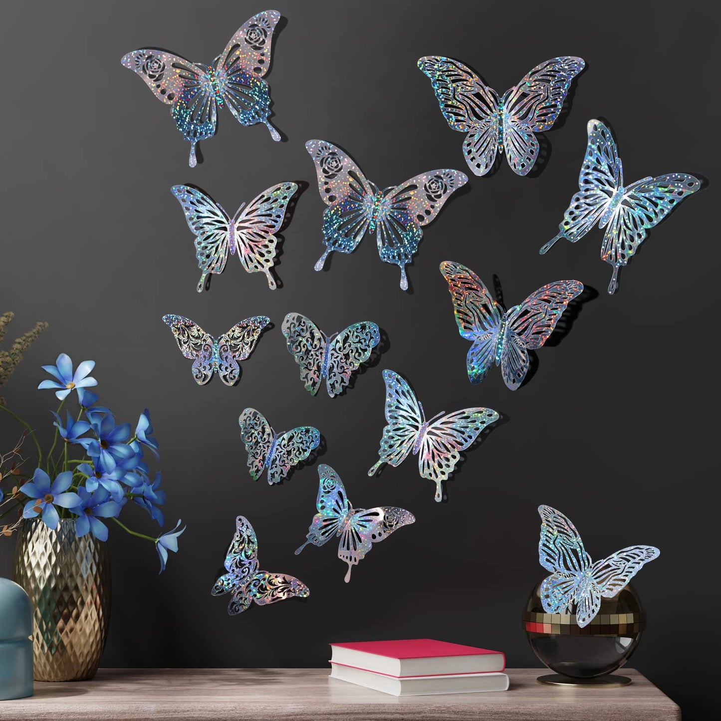 60 Pcs 3D Sequined Silver Butterfly Wall Decor, 5 Styles 3 Sizes,Butterfly Cake Birthday Party Baby Shower Decorations Iridescent,Metallic Room Mural Wall Stickers (Sequined Silver)
