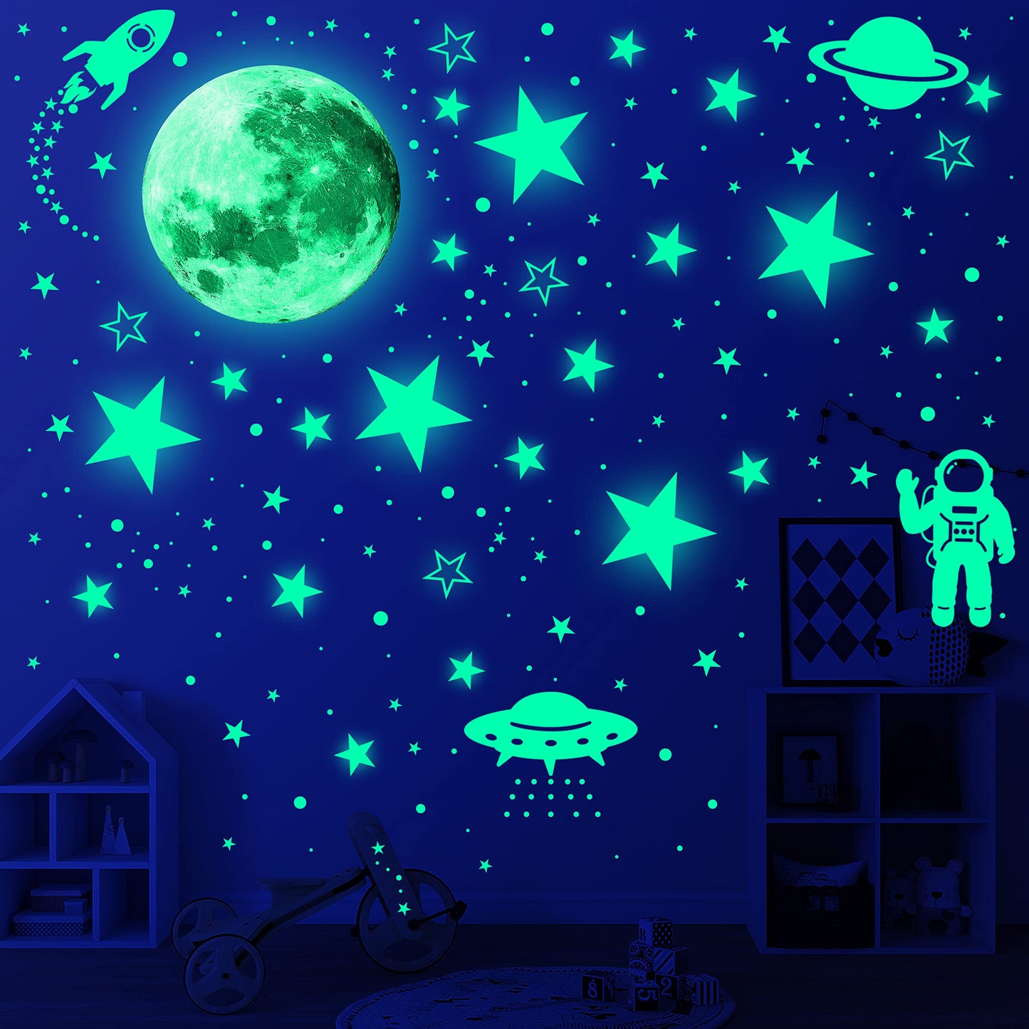1078 PCS Glow in The Dark Stars for Ceiling Planets Galaxy Space Nursery Wall Stickers Rocket Astronaut Kids Boys Room Decorations Bedroom