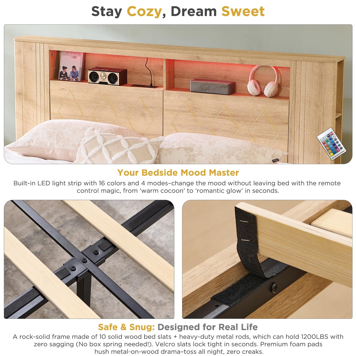 ACCOHOHO Modern King Size Bed Frame with 47" Tall Storage Headboard, 4 Drawers, Charging Station, Led Light, Wood Platform Bed with Solid Wood Slats, Noise Free, No Box Spring Needed, Natural Oak