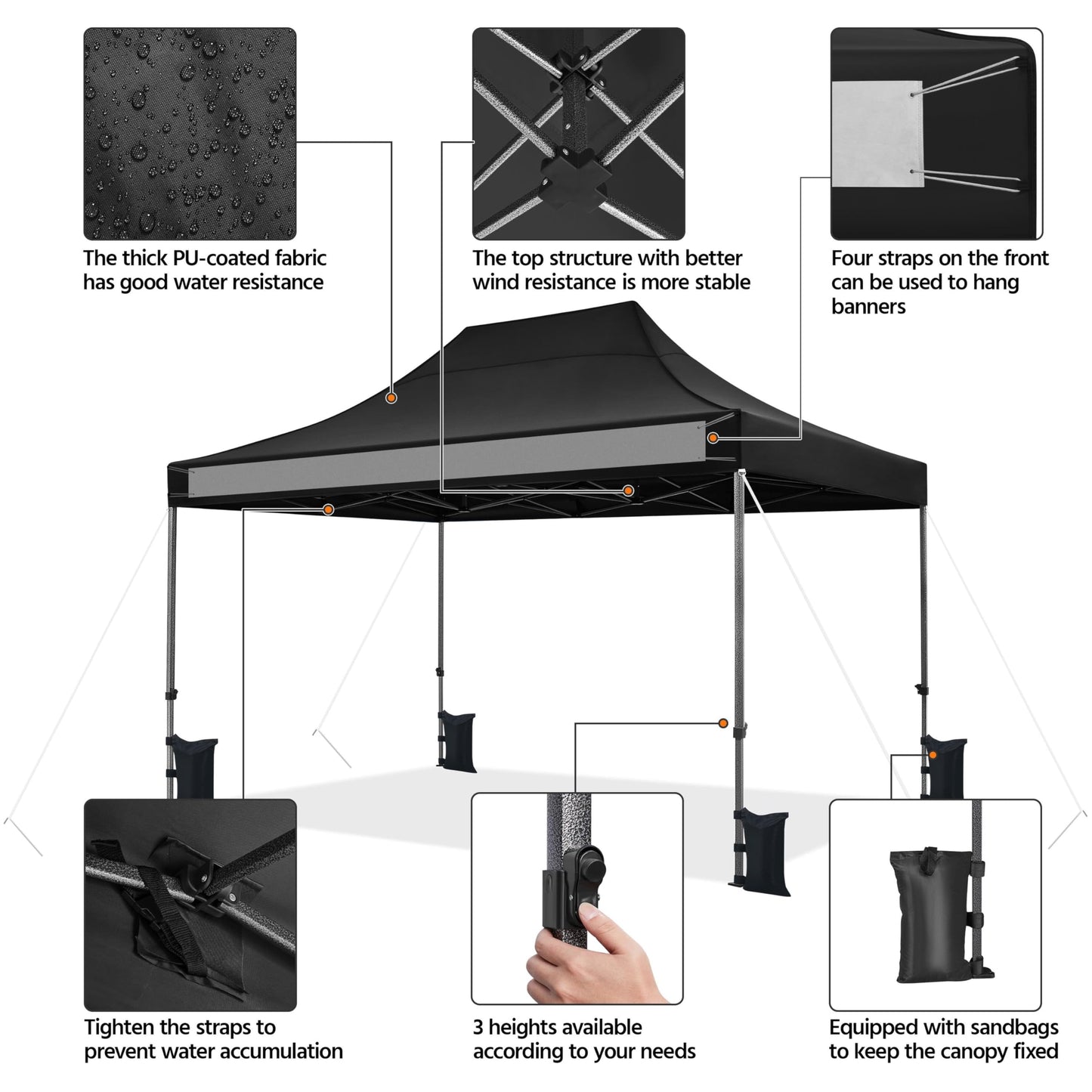 Yaheetech Heavy Duty Pop Up Canopy Tent, 10x15 Commercial Instant Shelter Tent, Outdoor Adjustable Canopy with Wheeled Bag, 4 Sandbags & 8 Stakes, Black