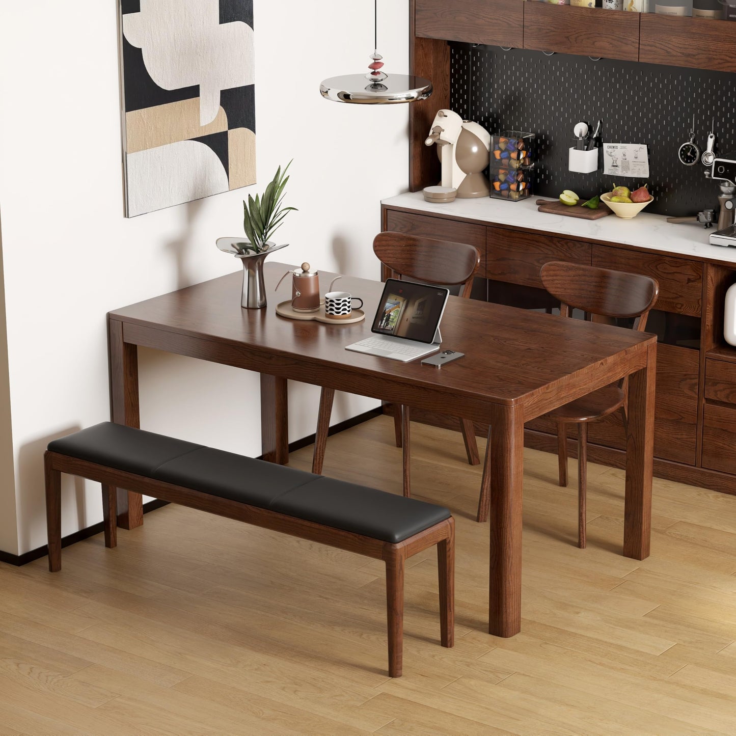 Wayshome 55.1'' Leather Upholstered Dining Bench with 100% Solid Oak Wood Bench Frame, 13.8'' Widened Padded Bed End Bench Ottoman for Kitchen Living Room Bedroom Entryway, Black