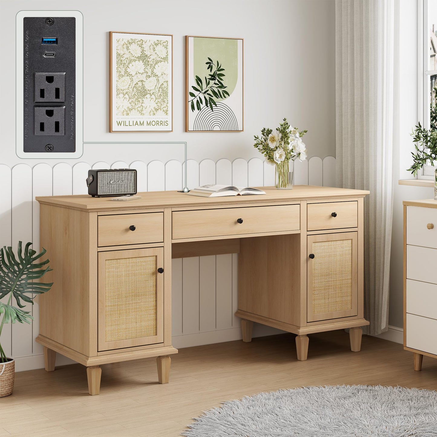 Yechen 58" Modern Executive Desk with Natural Rattan Door, Boho Writing Desk with 3 Drawers & 2 Cabinet for Study, Work, Computer, Golden Oak