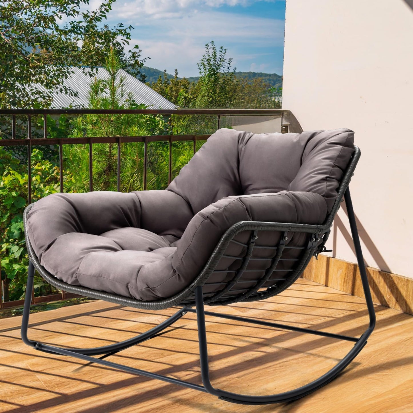 Yechen Outdoor Indoor Papasan Rocking Chair, Wicker Cozy Chair with Cushion, Oversized Outdoor Patio Reading Chair, Egg Chairs for Bedroom/Living Room/Porch/Garden/Lawn, Charcoal Grey