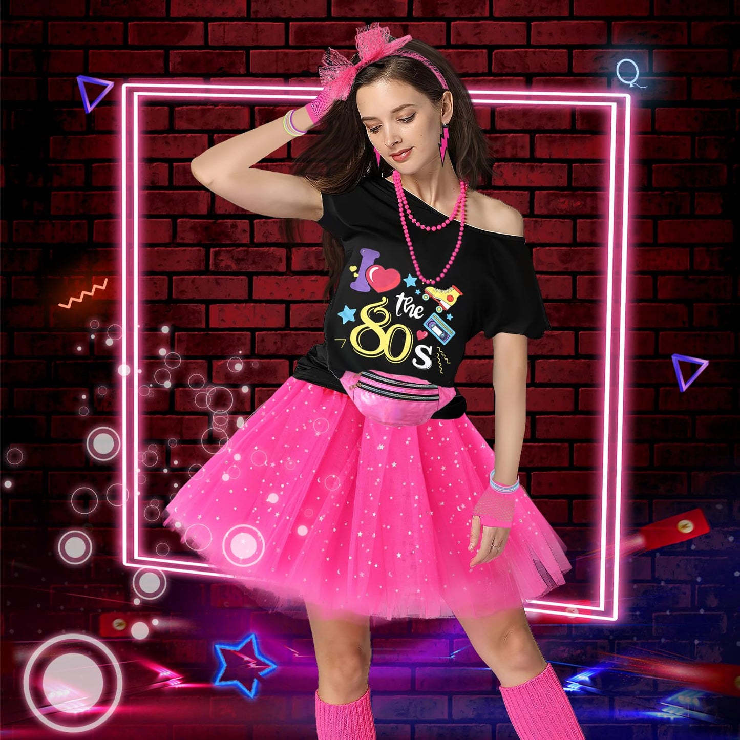 80s Outfits Costume Accessories for Women- 80s T-shirt, 80s Fanny Pack, Tutu Skirt for Halloween Cosplay Retro Theme Party