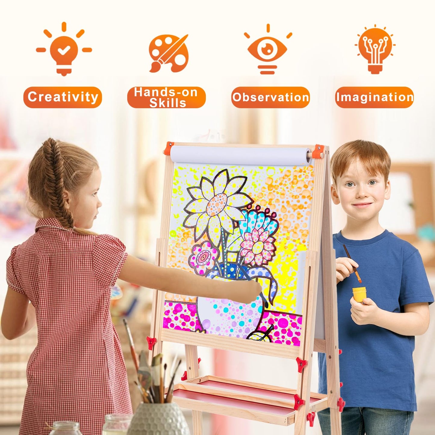 Wooden Adjustable Easel for Kids,Quick-Fold Kids Easel with Paper Roll&Accessories, Double Sided Painting Easels for Toddlers 3,4,5,6,7,8,9,10 Years,Perfect Painting Gifts&Supplies for Boys&Girls