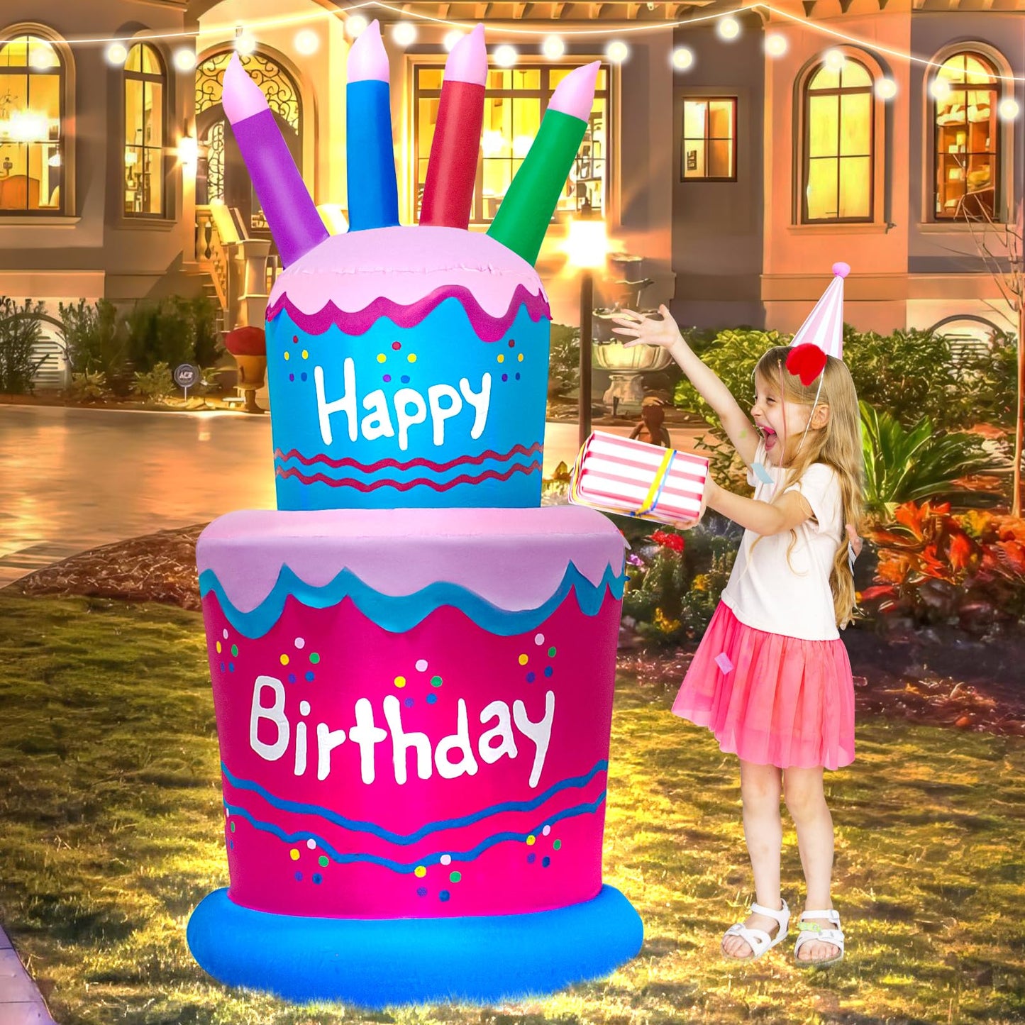 6FT Inflatable Birthday Cake Decoration,Birthday Blow up Cake Outdoor Decor with LED Lights,Light-up Happy Birthday Sign for Yard Lawn, Inflatable Outdoor Holiday Yard Decoration(Blue & Pink)