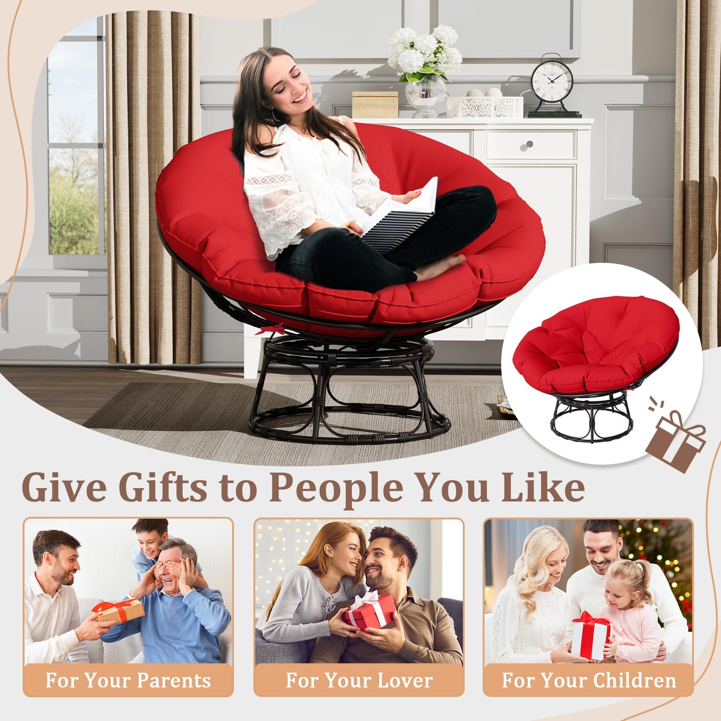 46" Papasan Chair with Cushion and Frame, Ergonomic Wicker Papasan Circle Chair for Living, Bedroom, Reading Room, Lounge