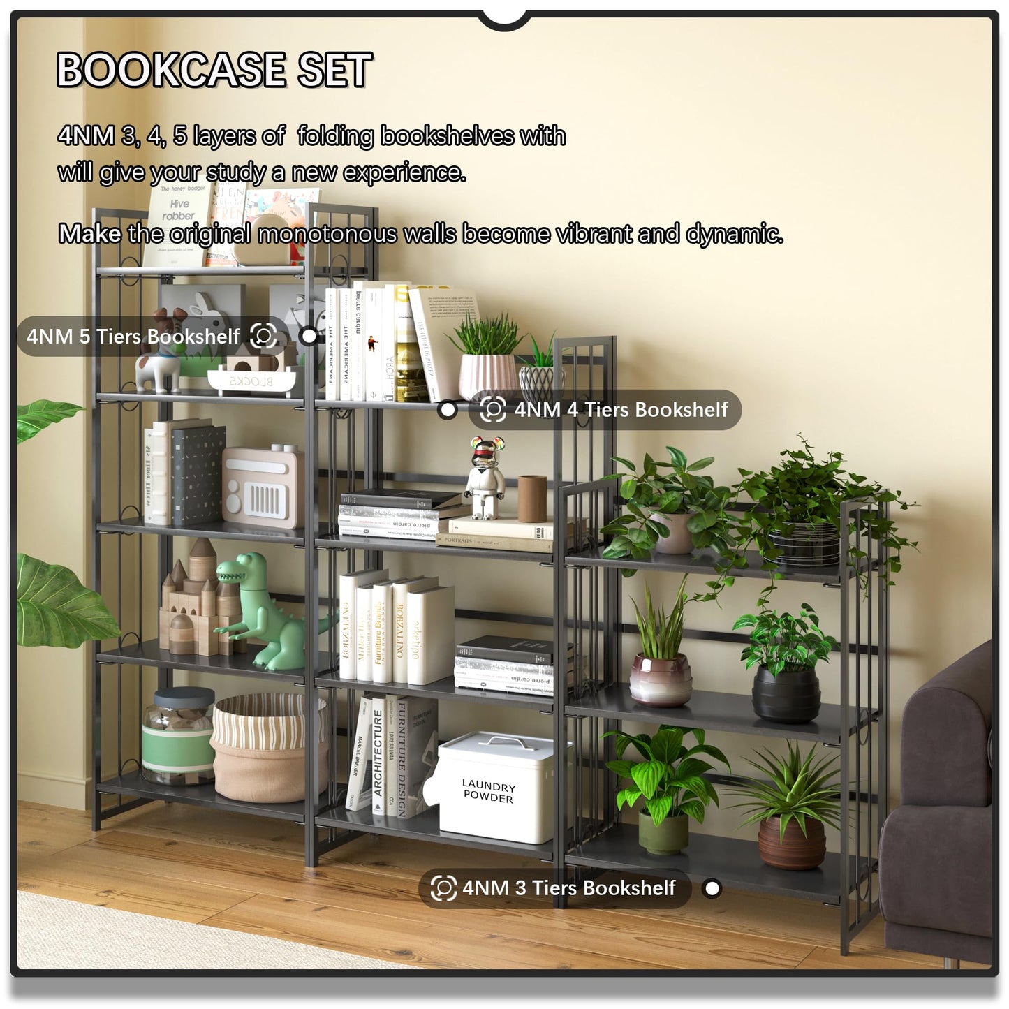 4NM No-Assembly 5 Tiers Folding Bookshelf Storage Shelves Vintage Bookcase Standing Racks Study Organizer Home Office - All Black