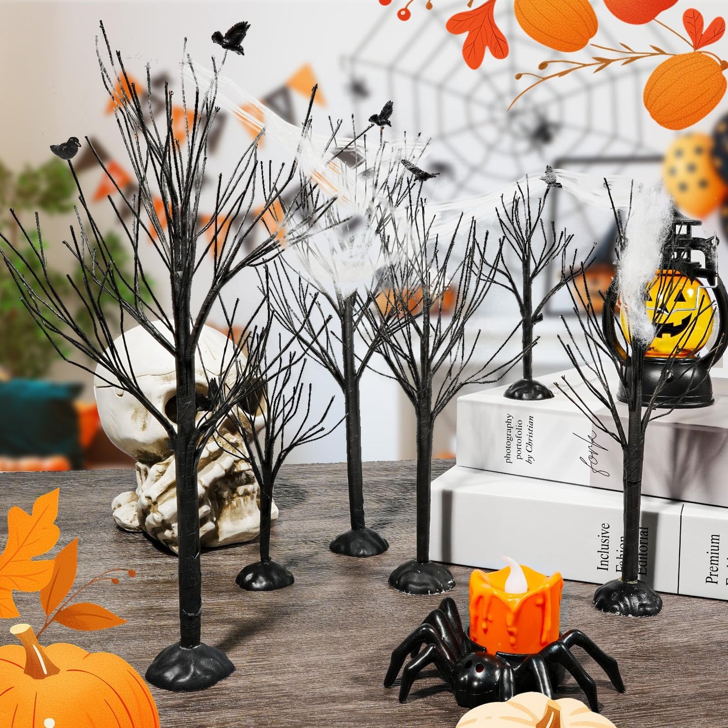Warmtree 6 Pcs Halloween Village Trees Mini Decor Tree Artificial Tabletop Branch Trees, Halloween Village Accessories with Crows Figurine for Holiday Home Garden Office Festival Decor