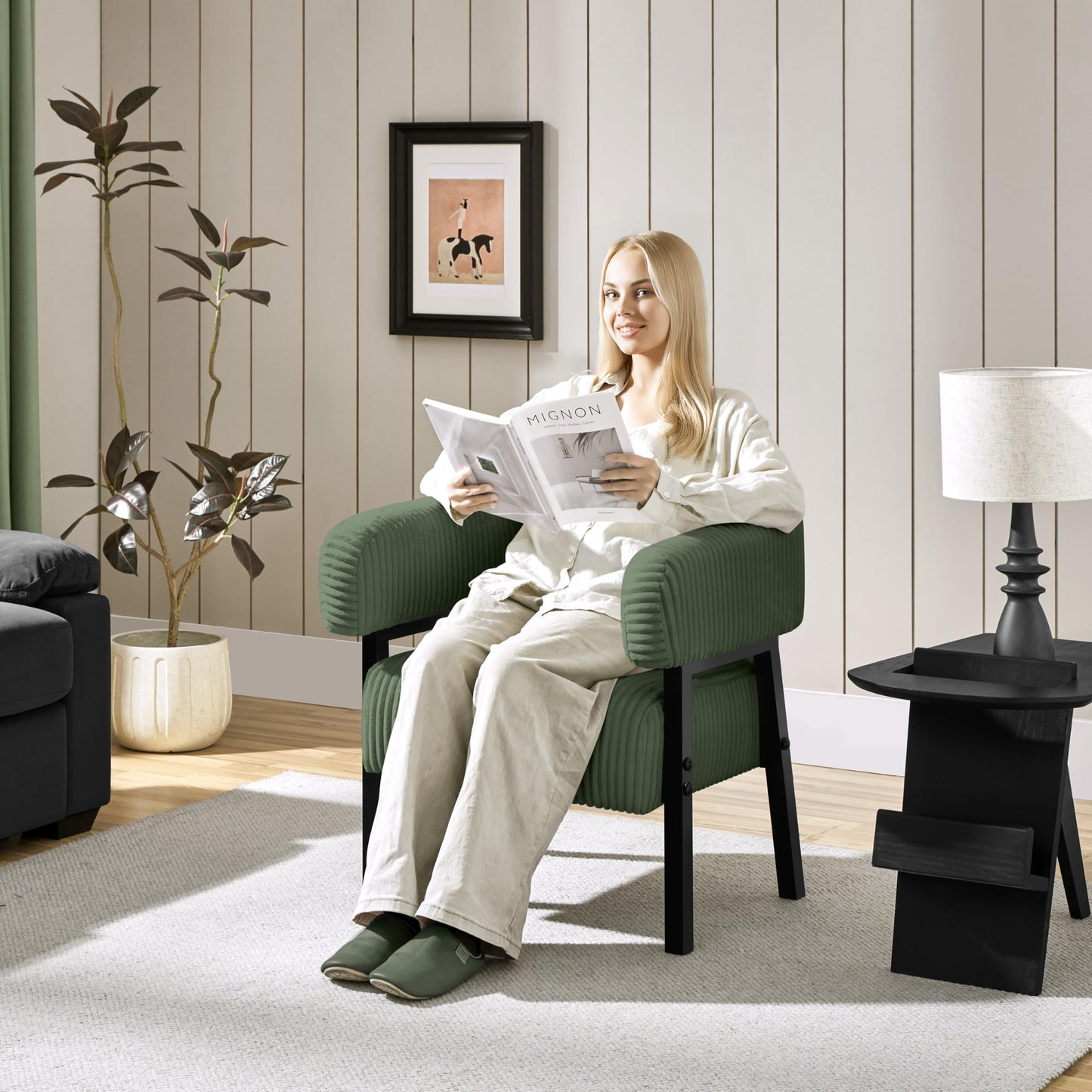 Yaheetech Corduroy Barrel Accent Chair Set of 2, Modern Upholstered Armchair with Solid Wood Legs, Cozy Leisure Chair with Pocket Coiled Seat for Living Room, Bedroom, Reading Nook Dark Green