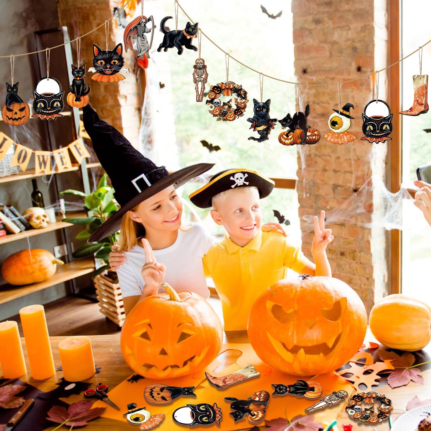 36 Pcs Halloween Ornaments with Ropes Halloween Wood Decor for Tree Pumpkin Skull Cat Wooden Decorations Hanging Ornaments Pendants for Home Party, 12 Styles