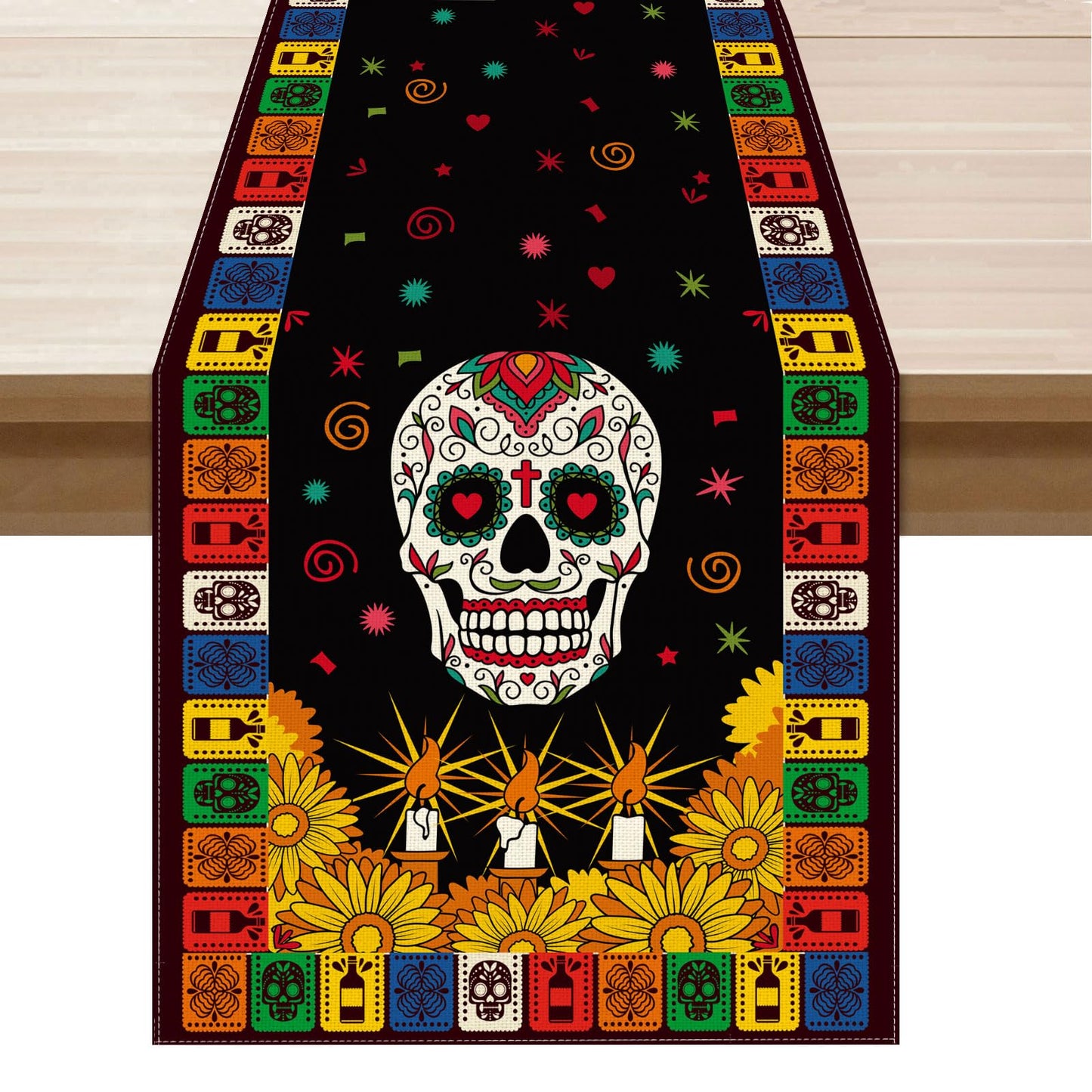 XCHI Sugar Skull Marigolds Floral Dia De Los Muertos Table Runner Candles Day of The Dead Mexican Table Decoration for Home Kitchen Dining Holiday Fiesta Themed Party Decor 13x72 Inch