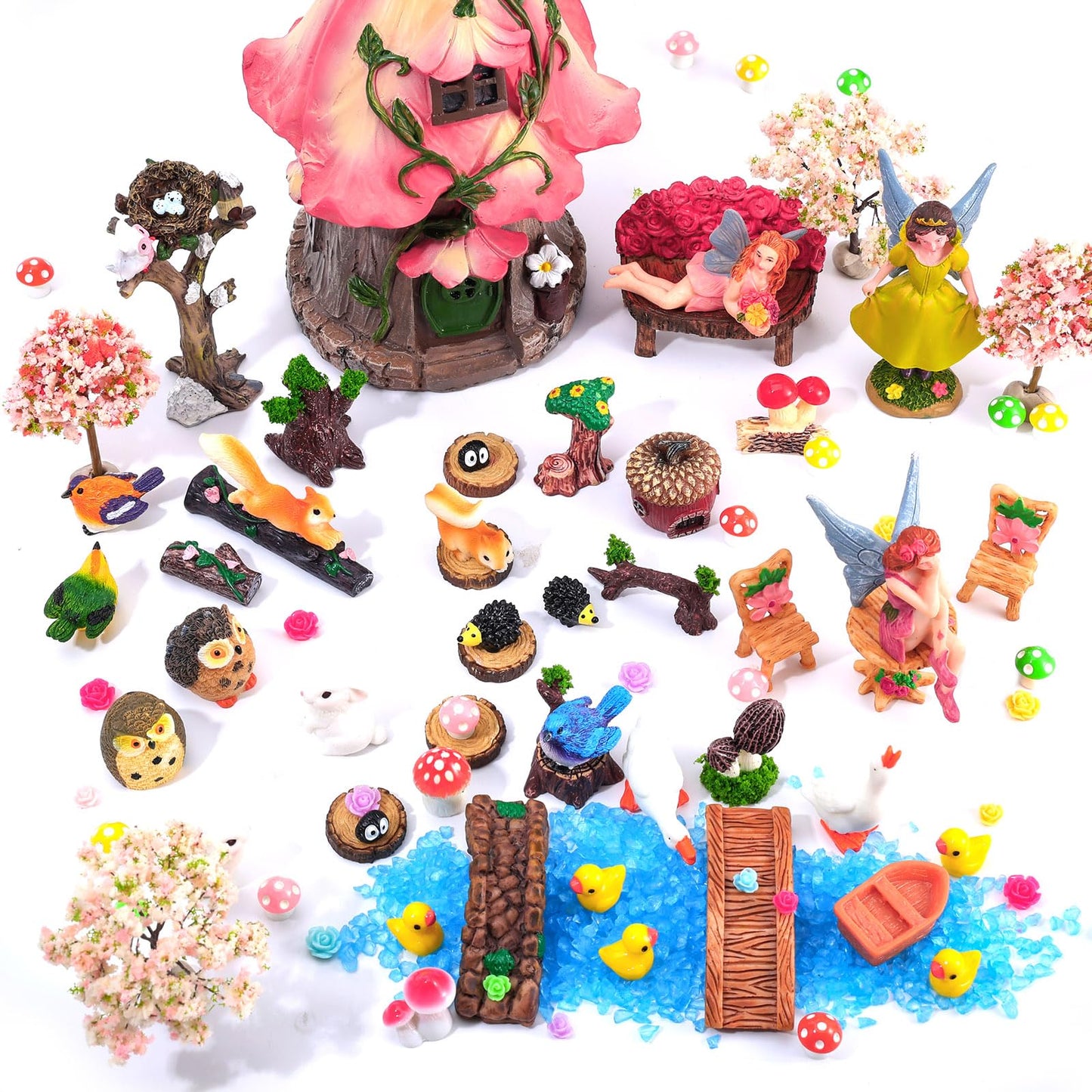 93 Pcs Fairy Garden House Resin Accessories Fairy Elves Kit Miniature Fairy Figurines Ornaments Animals Decor Outdoor for DIY Dollhouse