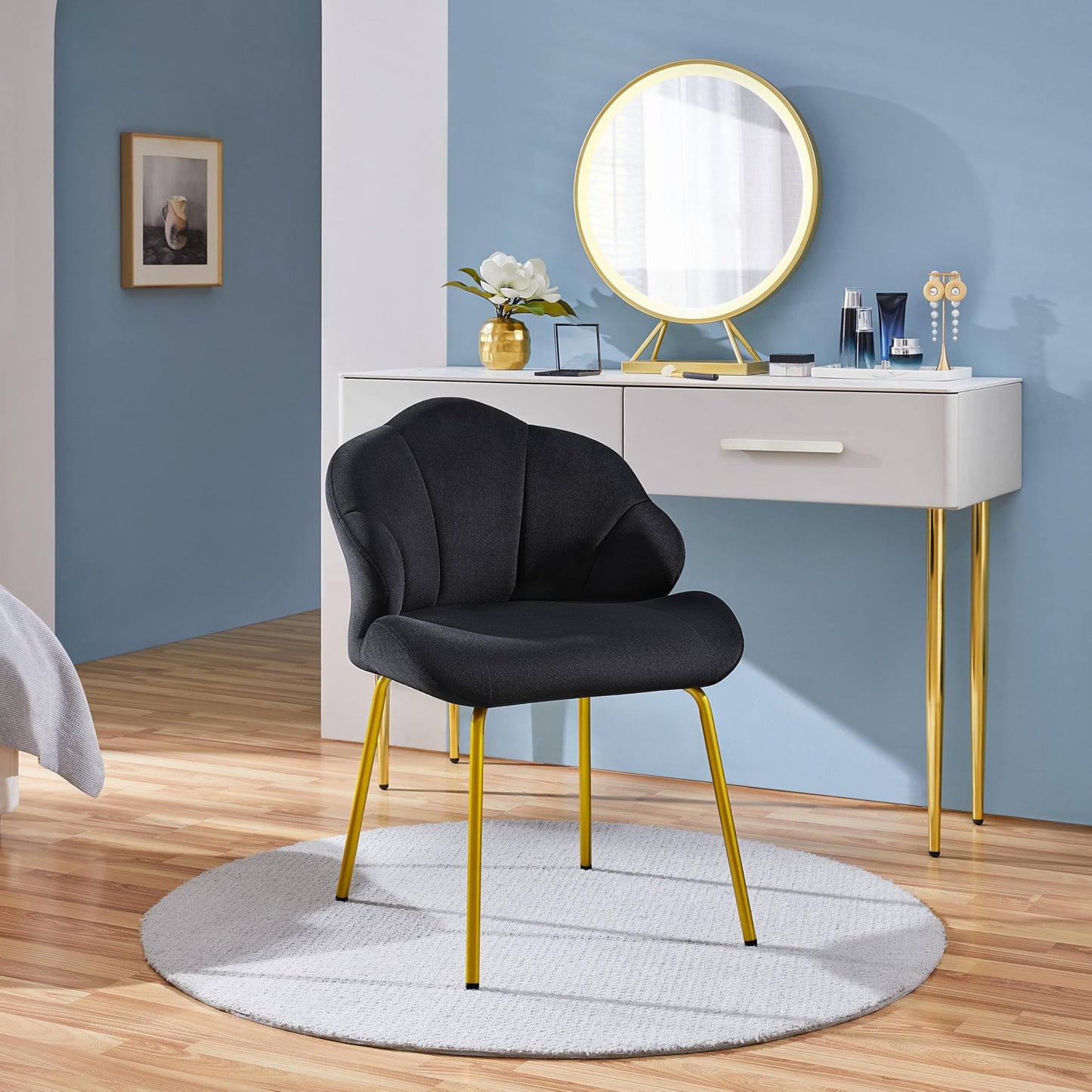 Yaheetech Vanity Chair, Velvet Accent Chair with Shell-Shaped Backrest, Modern Armchair with Gold Metal Legs for Dressing Room/Bedroom/Living Room, Black