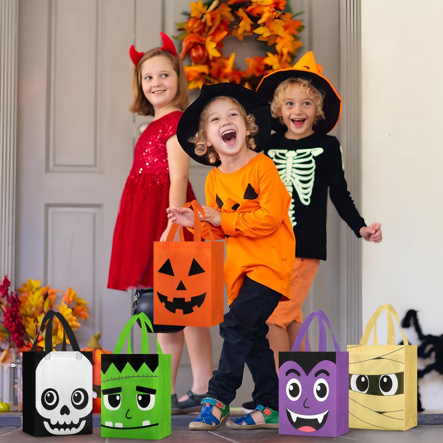 12 PCS Halloween Trick or Treat Bags 10.2 x 8.26 Inch Non-Woven Candy Tote Bag with Handles Reusable Pumpkin Ghost Cat Mummy Zombie Candy Goodie Bags Halloween Party Gift Bag for Halloweens Party Supplies