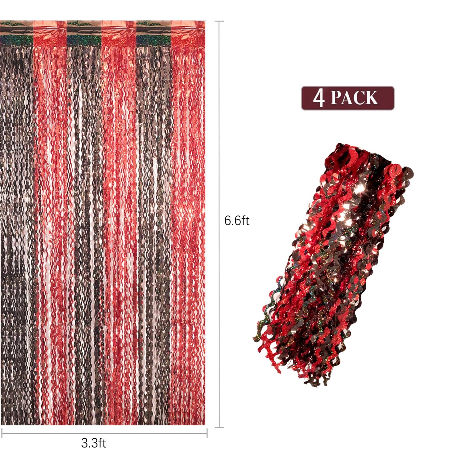 4 Pack 3.3x6.6 ft Red and Black Foil Fringe Backdrop Curtains - Wavy Tinsel Streamers Birthday Birthay Decorations, Fringe Backdrop for Graduation, Xmas, Disco Party