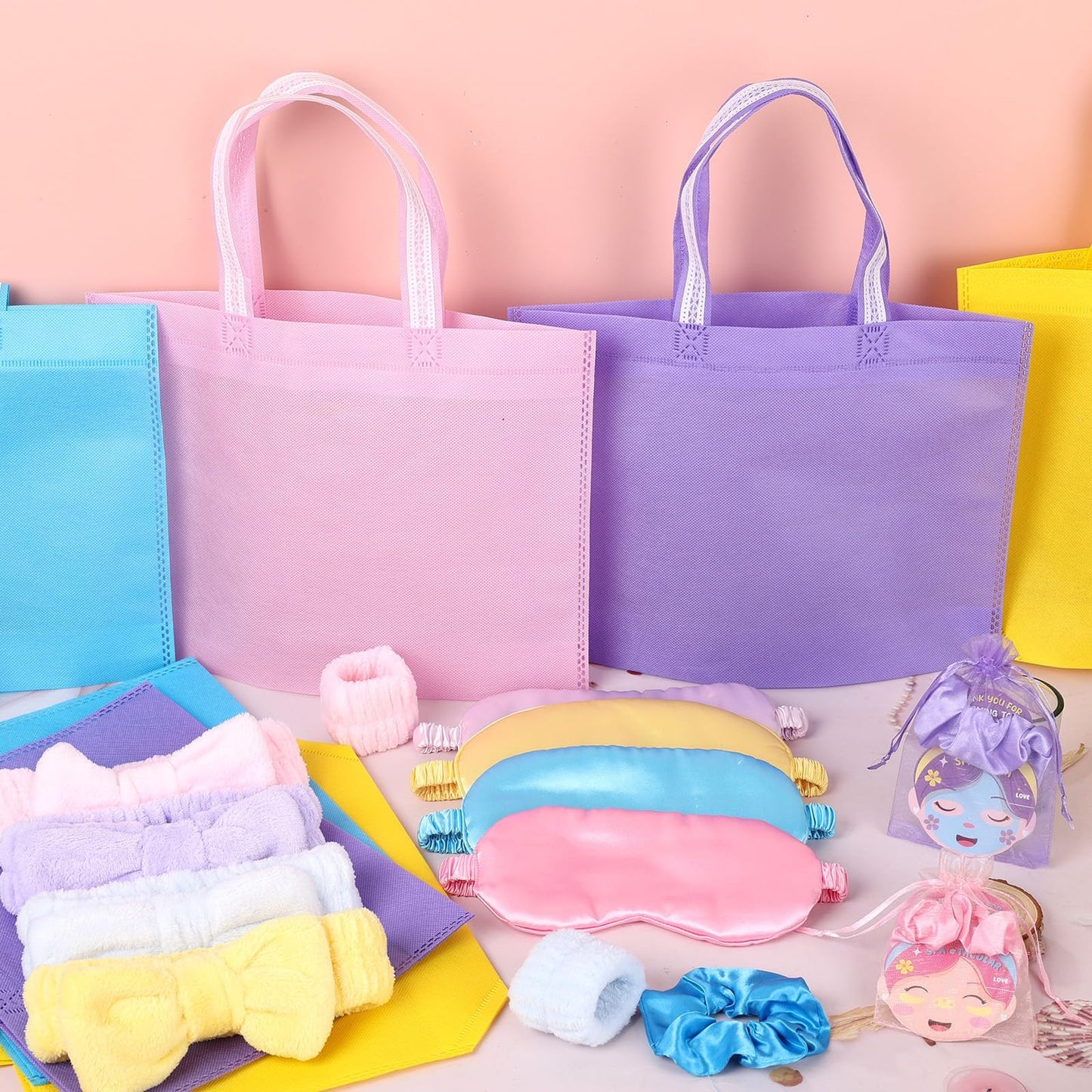 72 Pcs Spa Sleepover Party Supplies for Girls With DIY Stickers And Greeting Card Mix Color Headband Wristbands Eye Mask Hair Scrunchie Tote Bag Sleeping Slumber Party Favors