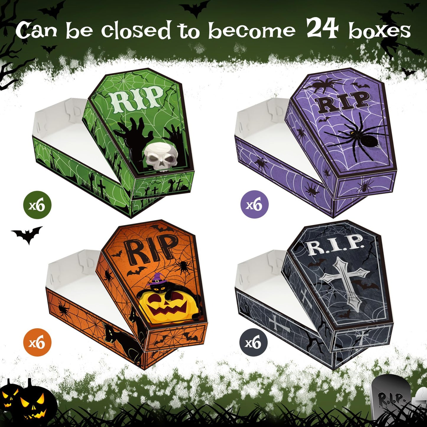 48 Pcs Halloween Party Paper Food Trays,Halloween Coffin Boxes, Disposable Coffin Bowl for Treat Candy Snack,Food Holder Serving Trays for Halloween Trick or Treat Party Supplies Decorations