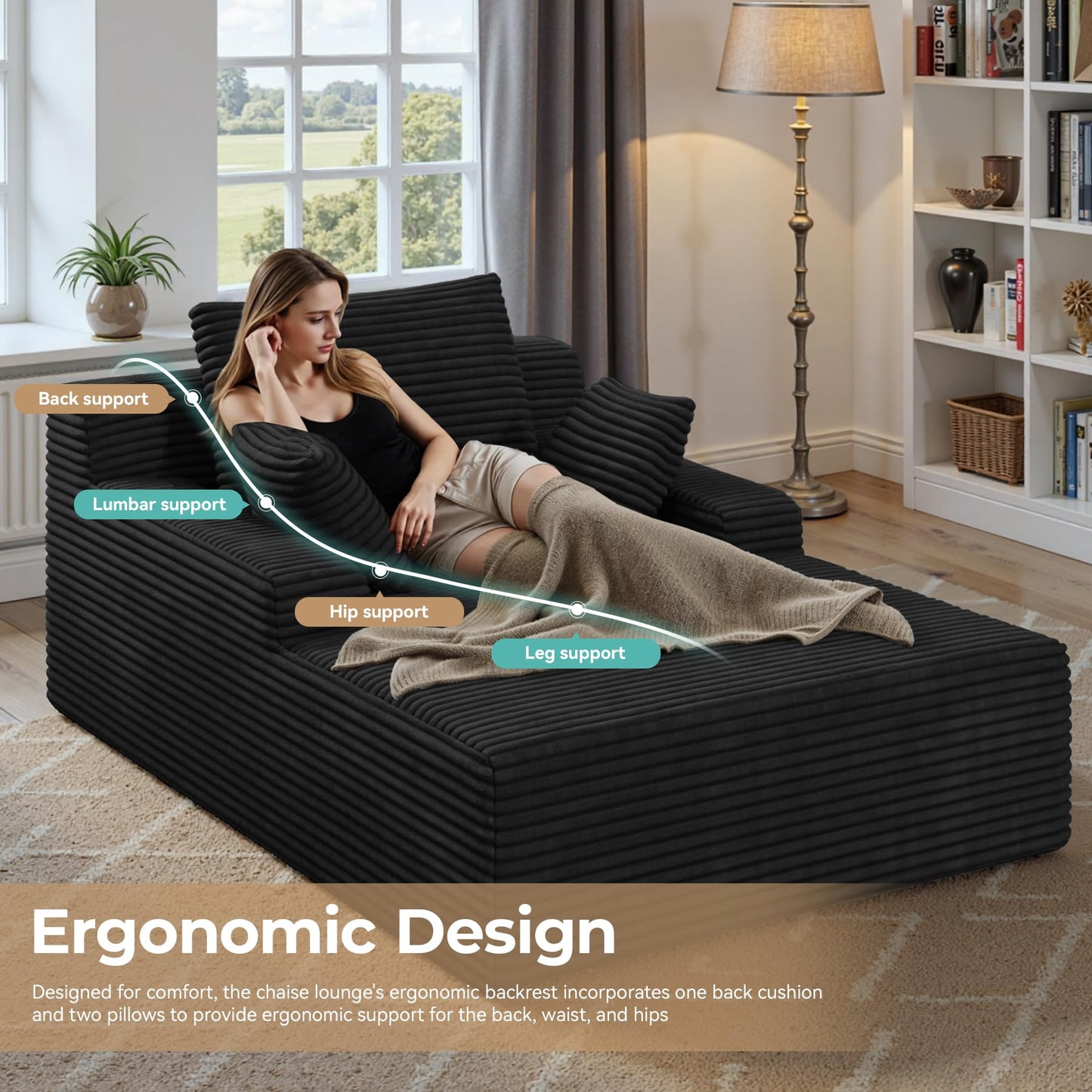 51'' Oversized Chaise Lounge Chair Indoor, Non-Assembly Deep Seat Sofa Bed Corduroy Sleeper Cloud Couch with 2pcs Pillows for Reading Living Room-Black