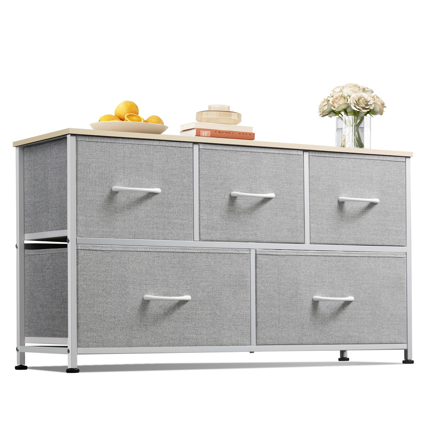 WLIVE Dresser for Bedroom with 5 Drawers, Wide Chest of Drawers, Fabric Dresser, Storage Organization Unit with Fabric Bins for Closet, Living Room, Hallway, Light Grey