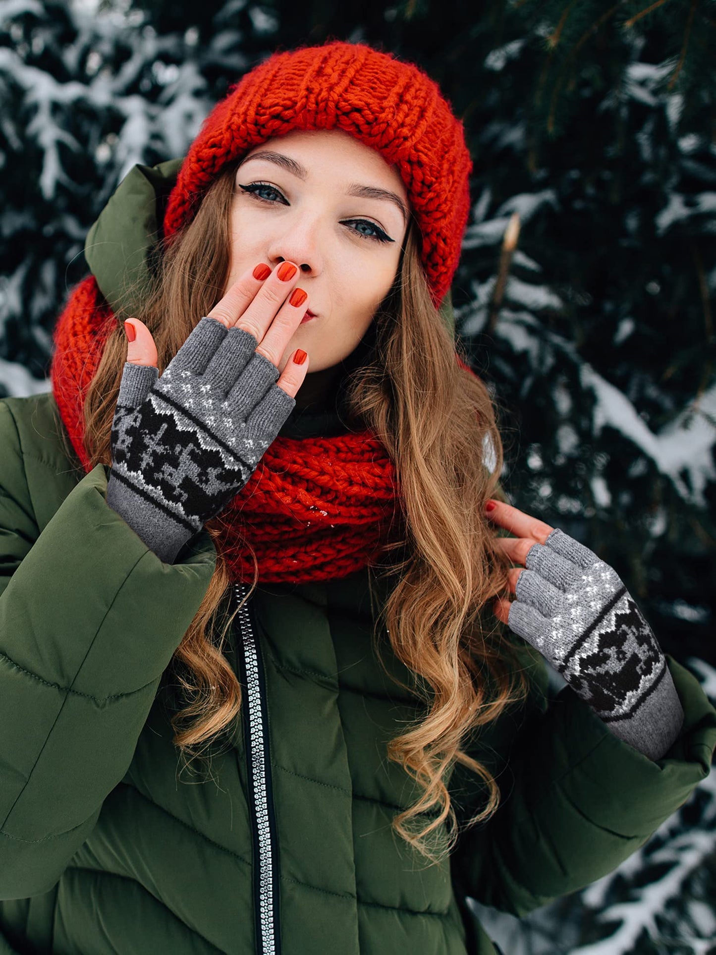 4 Pairs Fingerless Gloves Unisex Half Finger Striped Knit Stretchy Winter Gloves for Women Men Cold Weather(Elk Style)