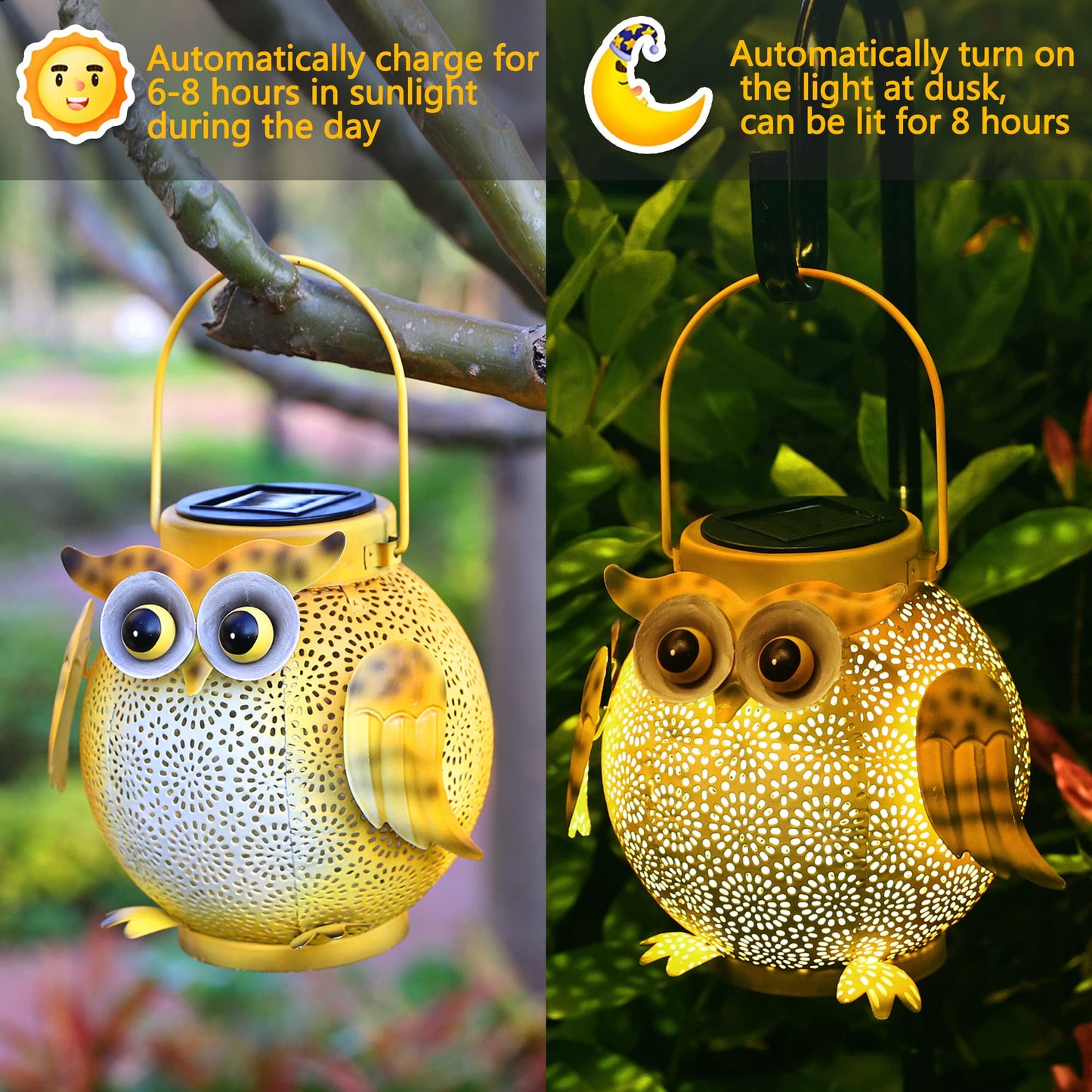 2 Pack Hanging Solar Lanterns - Garden Light Waterproof Metal Decorative Solar Lantern Lights Outdoor for Patio Yard Table Pathway with Owl Pattern