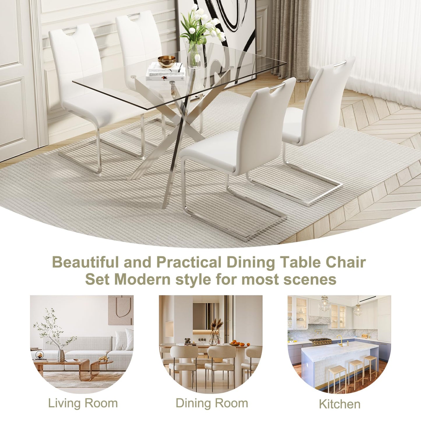 51.18" W Glass Dining Table Set for 4, Modern Rectangular Glass Kitchen Table with Sliver Metal Legs, 4 PU Leather Chairs with Silver Legs, for Dining Room, Home - White