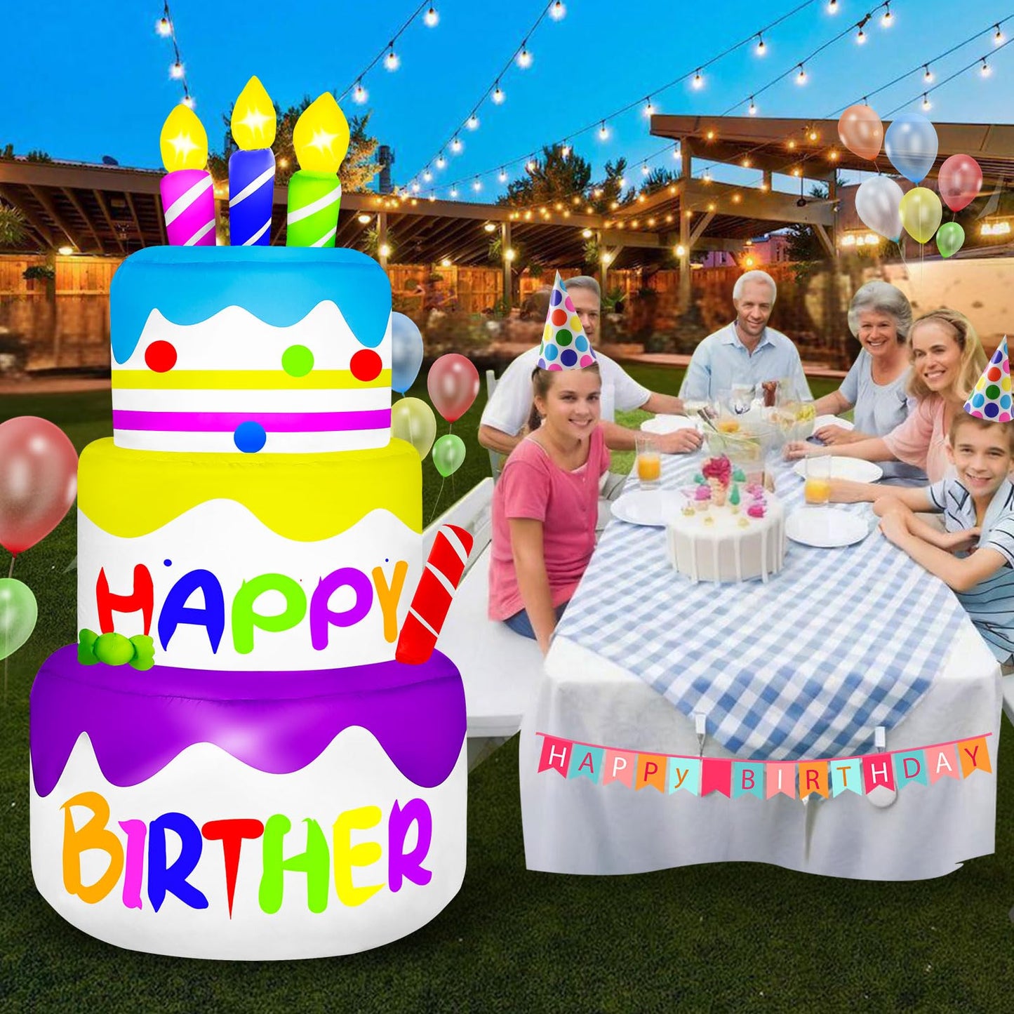 4 Ft Happy Birther Inflatable with 3 Candles Outdoor Decorations, Inflatable Cake with 6 LED Lights Happy Birther Blow Up for Indoor Home Holiday Party Patio Garden Yard