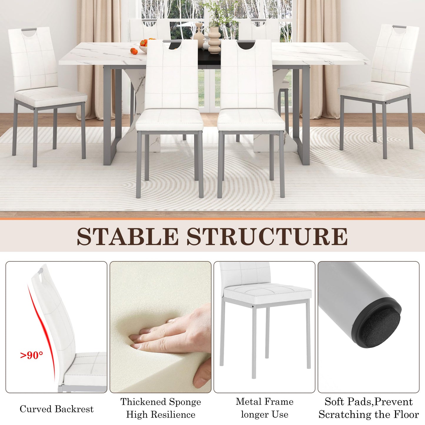 7PCS Dining Table Set for 4 5 6 People, 71" Large Long Wooden Kitchen Table with 6 Chairs (White+Black, 71IN Table+6 PCS Chairs)