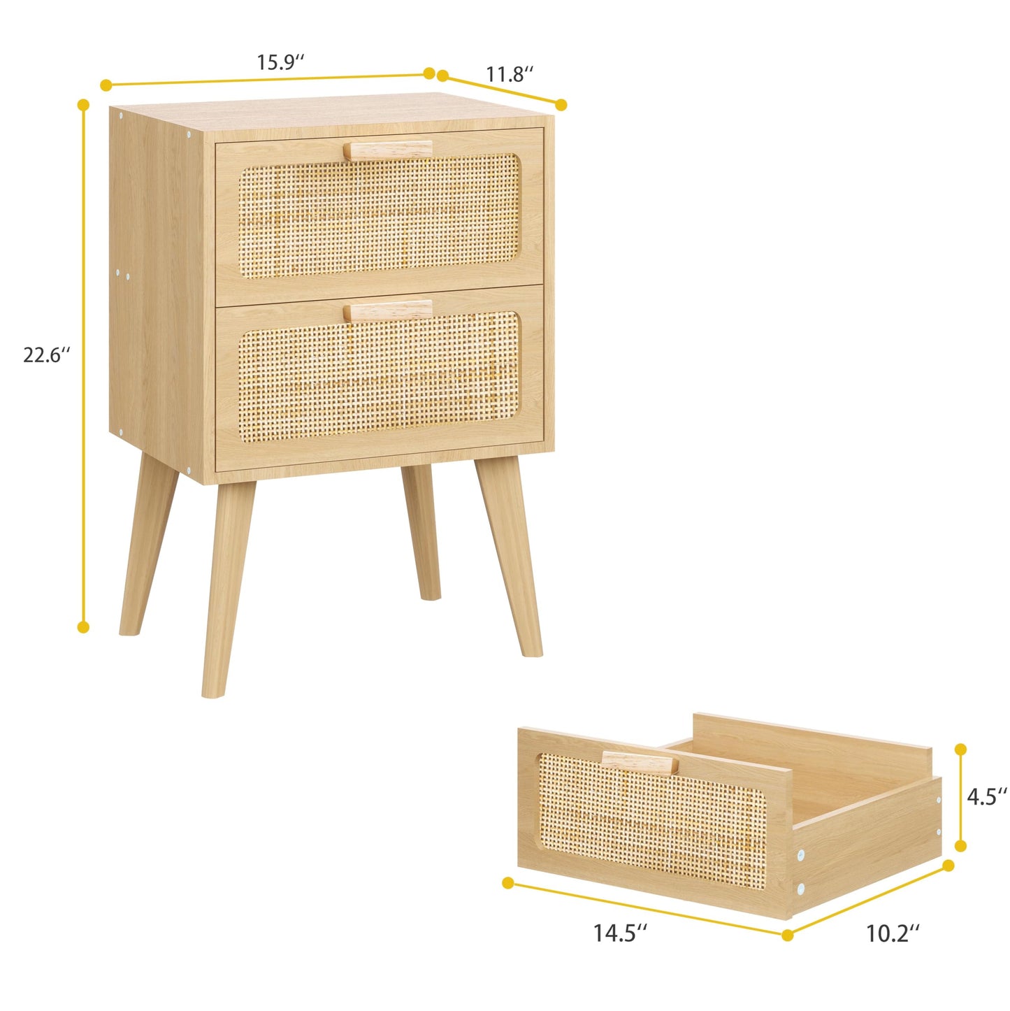 YAUKOMEL Rattan Nightstand,Boho Bedside with Storage,End Table,Side Table with 2 Hand Made Rattan Decorated Drawers for Small Space,Livingroom,Bedroom,Natural 11.8" D x 16" W x 22.4" H CTG59Y