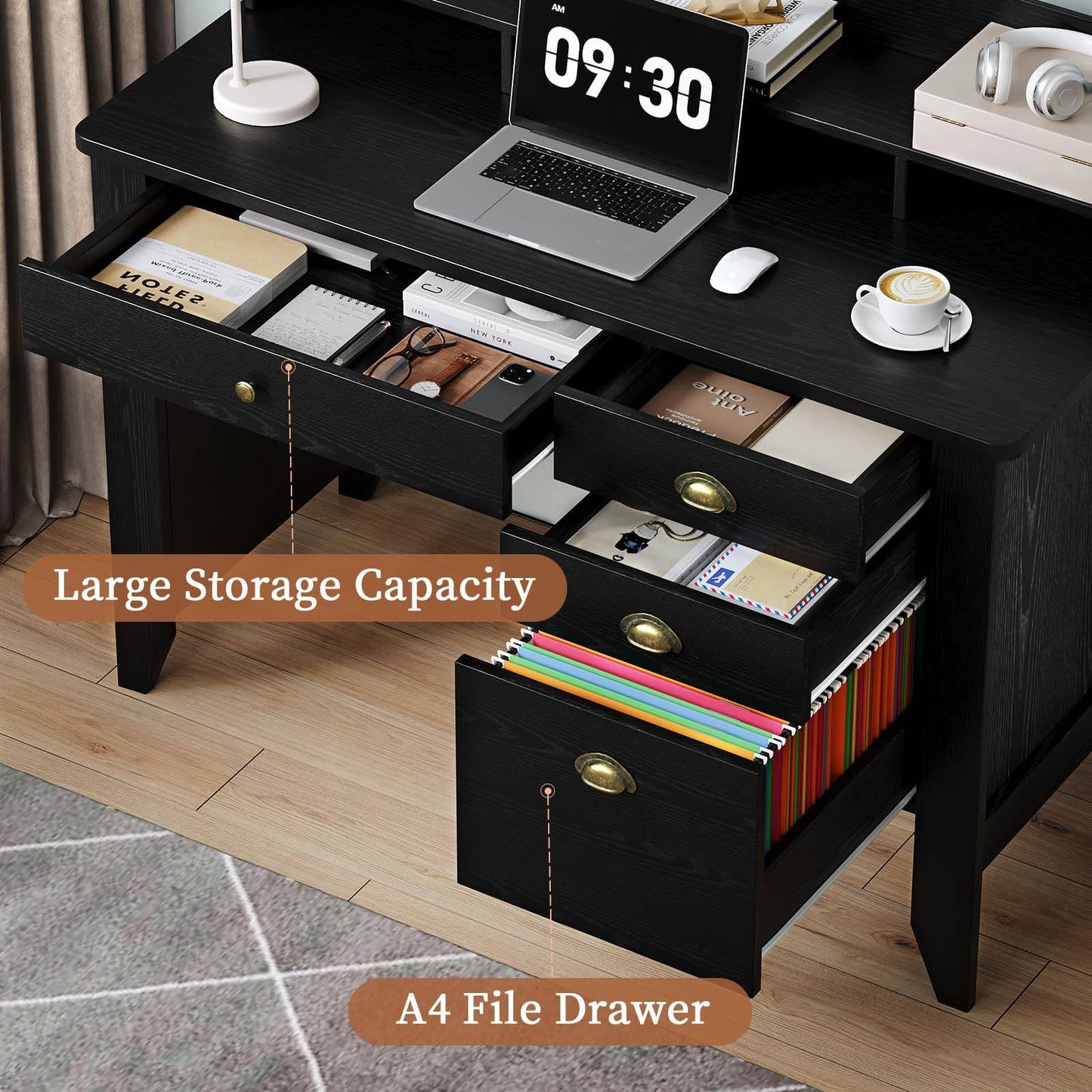 4 EVER WINNER Black Desk with Drawers, Small Computer Desk with File Drawer & Hutch for Small Spaces, Home Office Desks Writing Study Table with Monitor Stand, Black