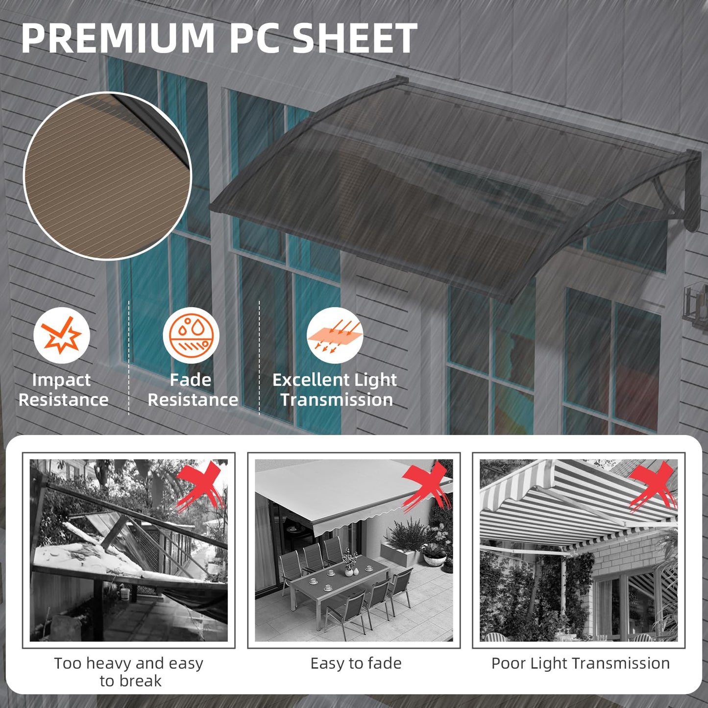 Window Awning Door Canopy 32"x120", Awnings for Doors Polycarbonate Cover Patio Door Awning UV Rain Snow Sunlight Protection Hollow Sheet, Black Bracket & Brown Board