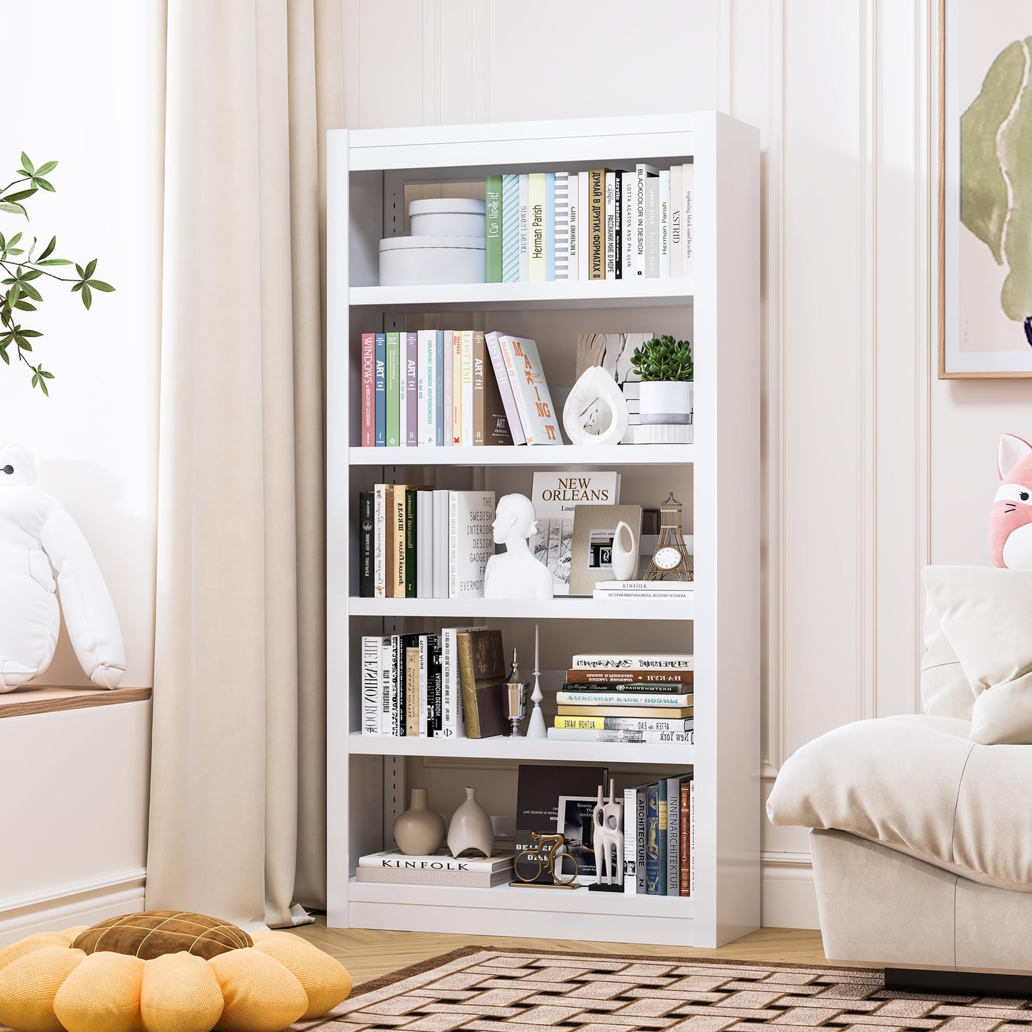 White Bookshelf, Adjustable 5 Tier Bookshelf, 69" H Modern Tall Bookcase, Metal Industrial Bookshelves and Bookcases for Living Rooms, Home Offices, Library, 10 Minutes Assemble