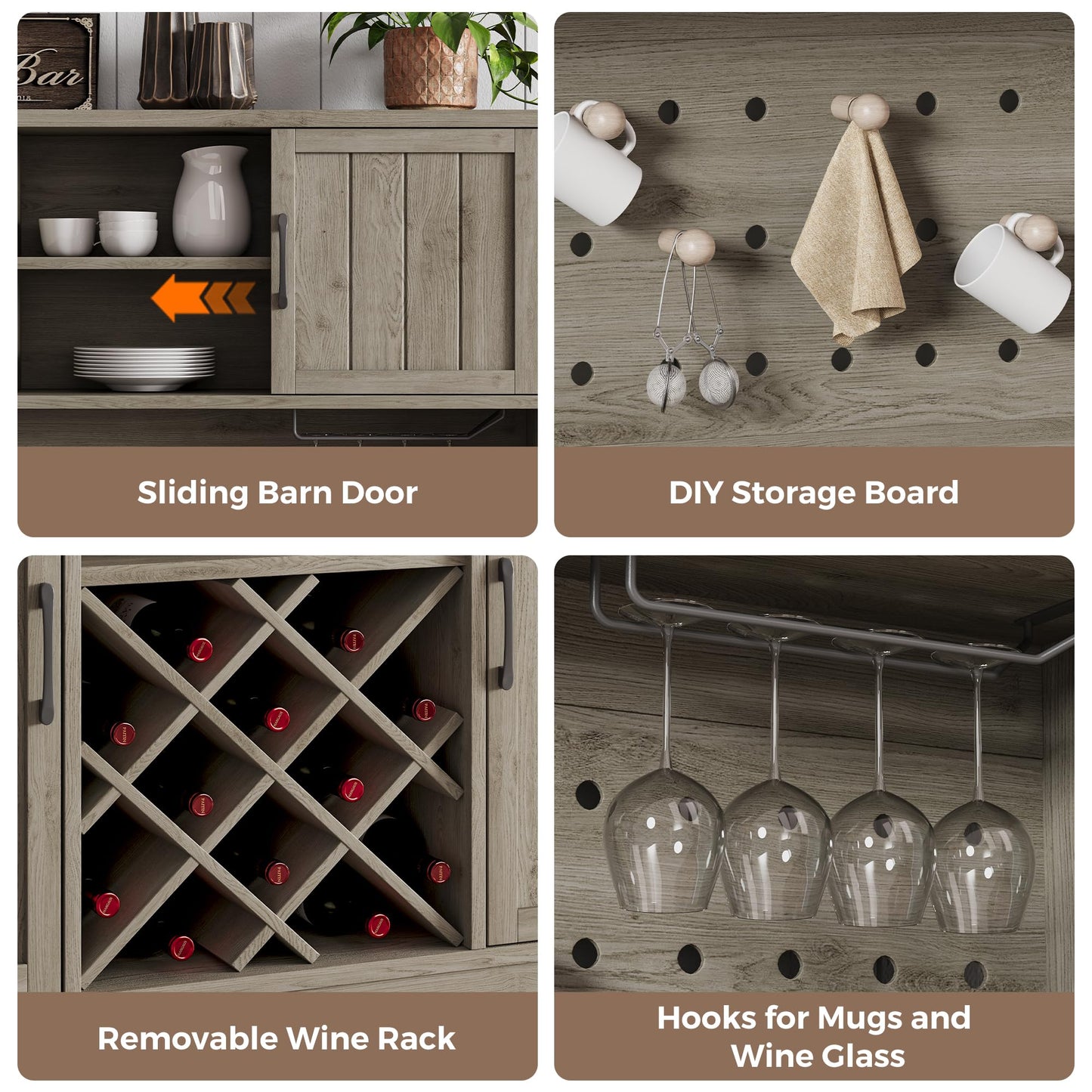 72" Coffee Bar Cabinet with Power Outlet & LED Light, Farmhouse Large Kitchen Hutch with Sliding Barn Door, Tall Bar Cabinets with Storage Drawers & Wine Glass Rack,Pantry China Cabinet for Home,Grey