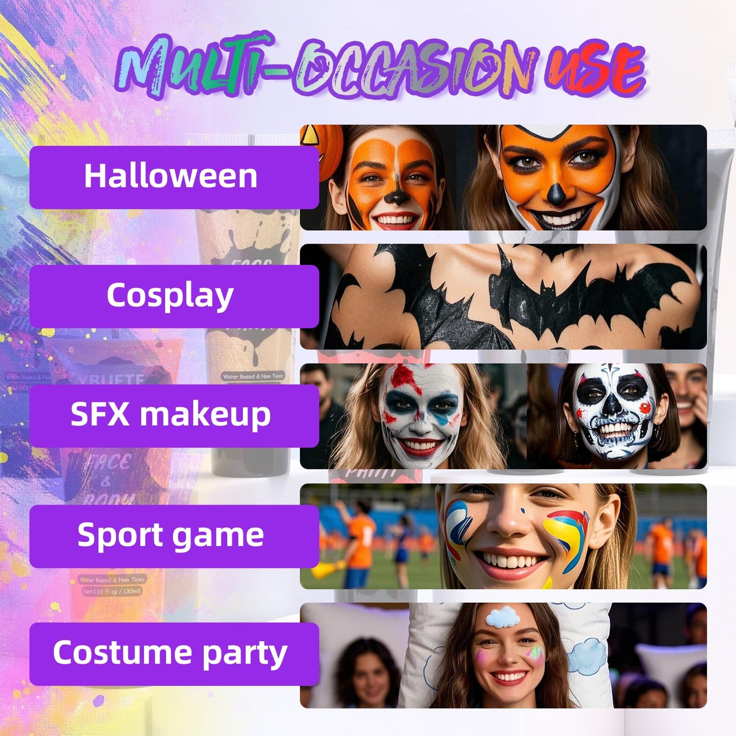 YBUETE 9 Colors Face Body Paint Set, Professional Paint Set for Halloween Cosplay Costume Party, Full-coverage Multi-Color Cream Makeup Blendable Set for Adults Halloween Cosplay SFX Makeup Paint