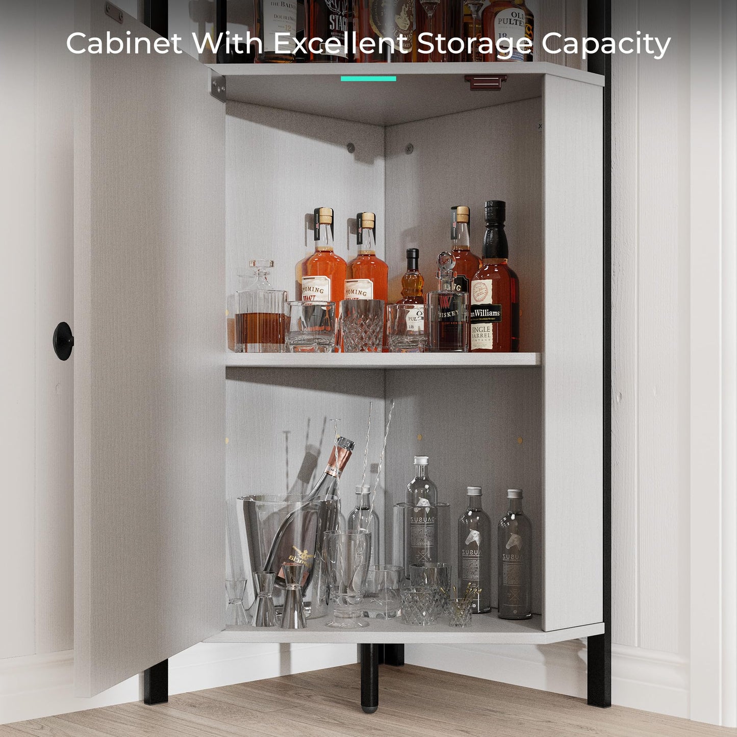 Vividwood 63” Tall Corner Bar Cabinet, Farmhouse Liquor Cabinet with Wine Rack (Holds 50+ Bottles), Glass Holder, Adjustable Shelves & Barn Door, Home Bar for Living Room/Kitchen, Ivory White