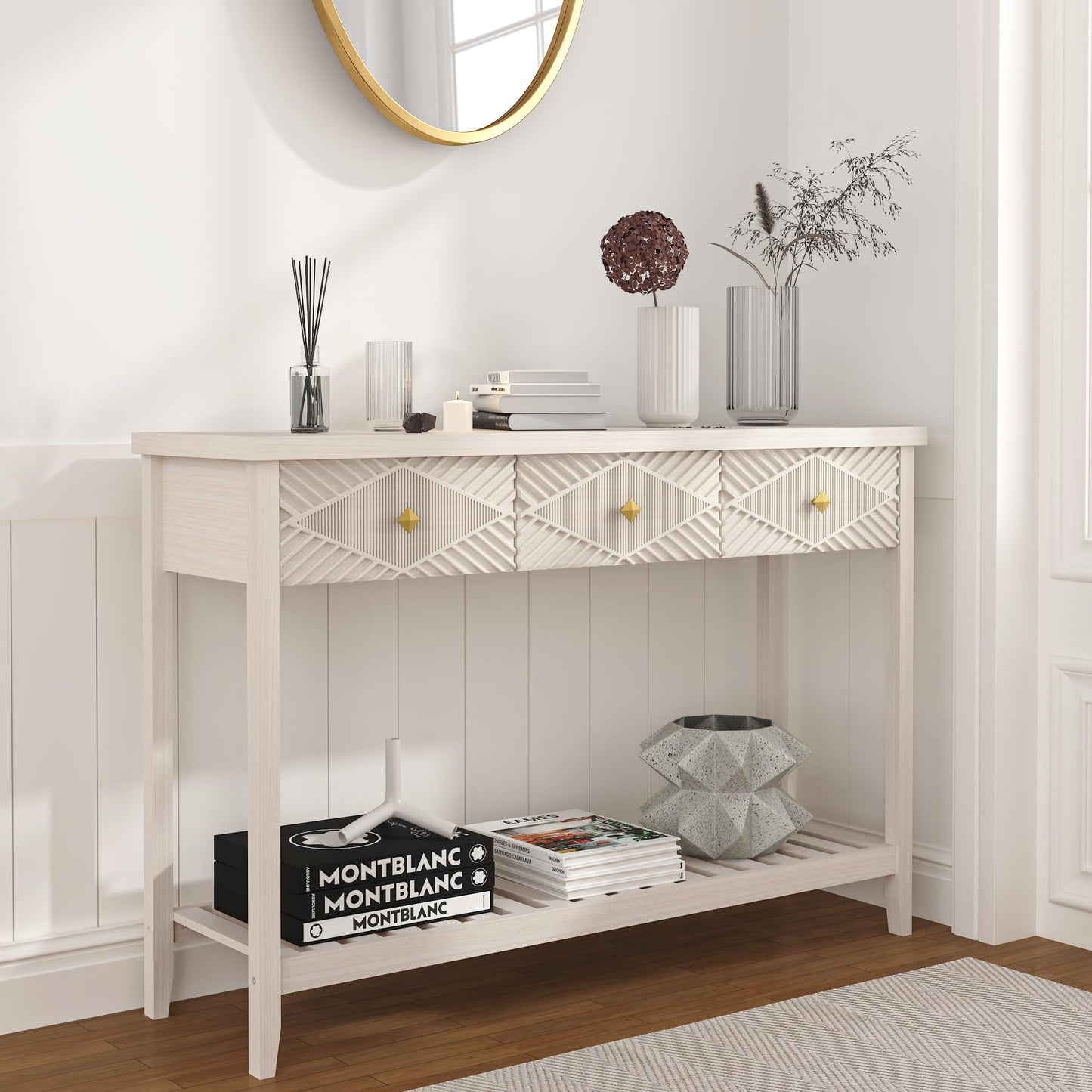 47" Console Table with 3 Drawers, Fluted Wood Entryway Table with Storage Shelf, Narrow Long Sofa Table Modern Behind Couch Accent Table for Living Room, Entryway, Hallway, Foyer