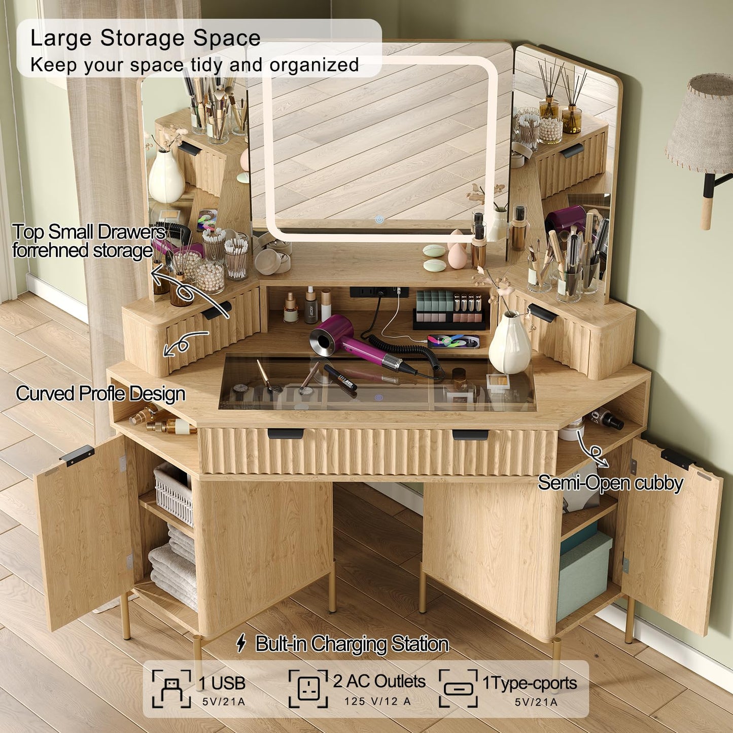 48'' Modern Vanity Desk with HD Triple Mirror & Lights,Large Corner Vanity Table with Glass Top, Charging Station,1Multifunctional Drawers & 2 Small Drawers, Dressing Table Set with 2 Cabinets, Oak