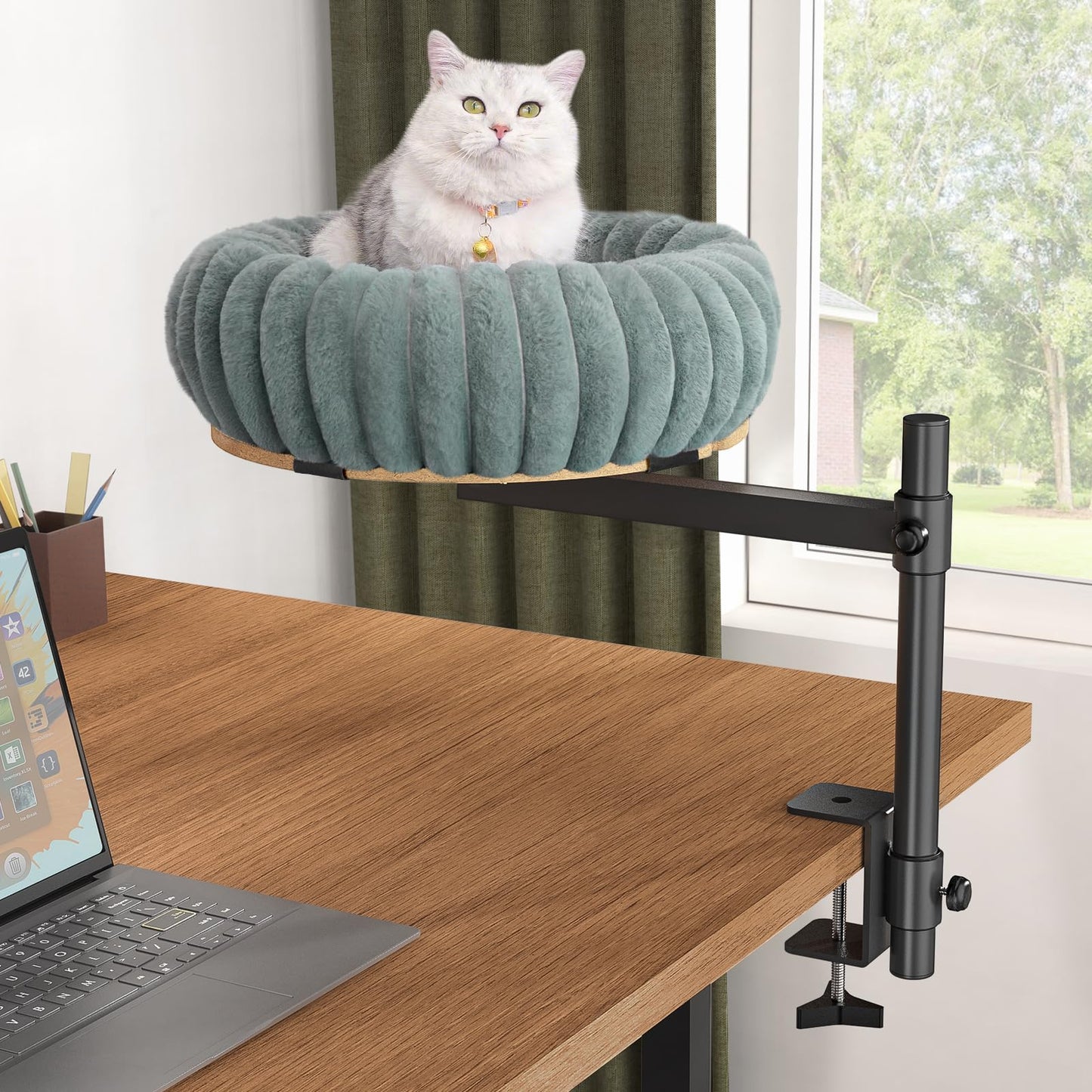 XiaZ Cat Desk Bed Elevated Cat Desk Perch Rotating & Adjustable Desk Mounted Nest, Perfect Cats Table Beds for Working from Home/Office, Dual Mounting Options Desk Top/Under Desk