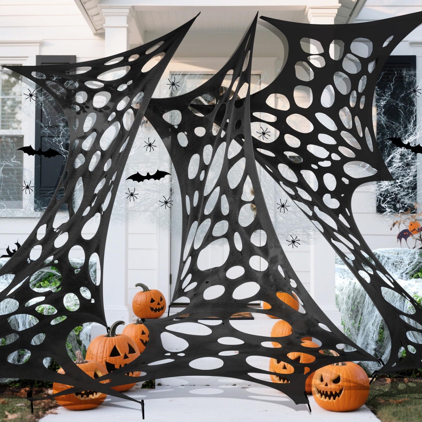 1360 Sqft Cuttable Stretchy Spider Web Halloween Decoration, Black Giant Outdoor Beef Netting Halloween Spider Webs, DIY Spooky Gauze Cobweb Fake Spiders Bats for Yard Garden Party Decor (472" x 39")
